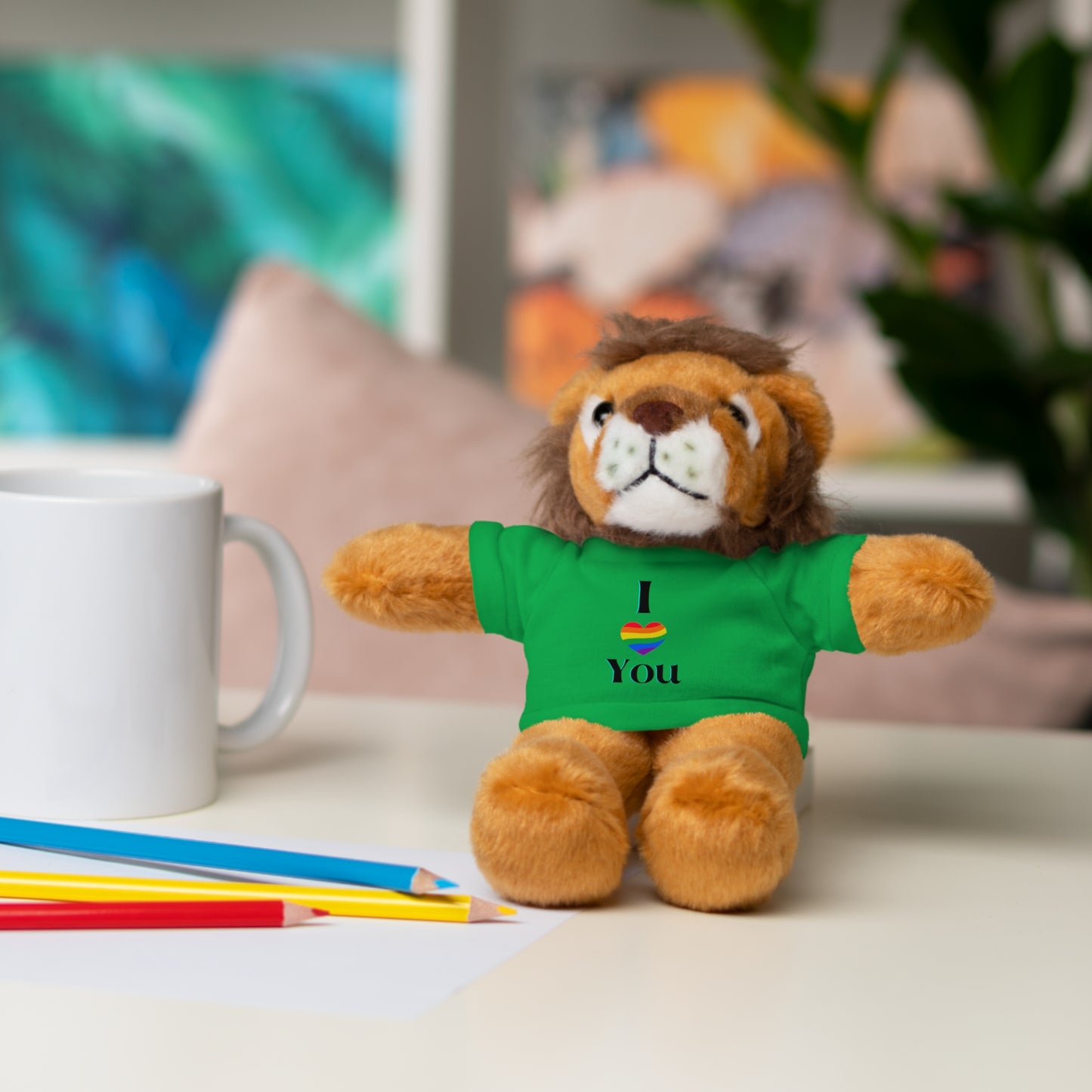 I Heart You Kids Cute Stuffed Animals with Tee; Panda, Sheep, Bunny, Lion, Jaguar, Teddy Bear