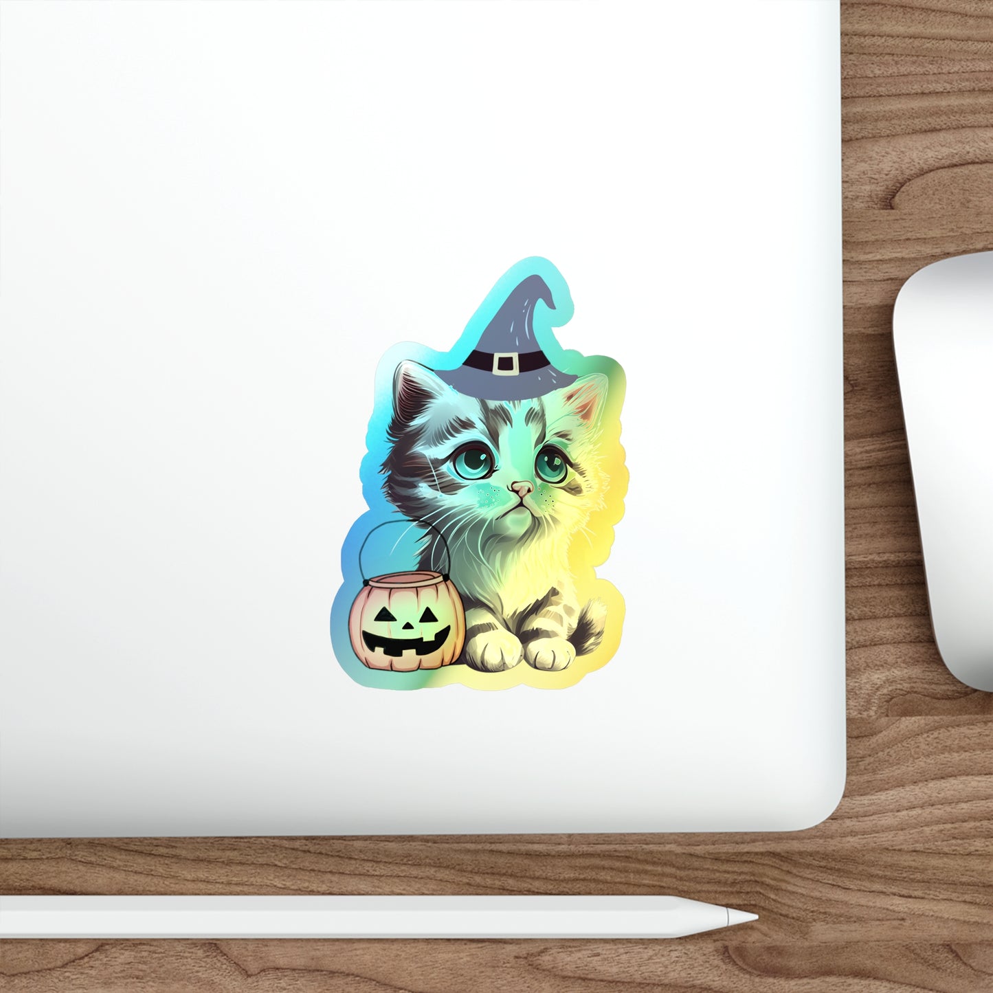 Halloween Rainbow Holographic Die-cut Vinyl Stickers Cute Witchy Kitten