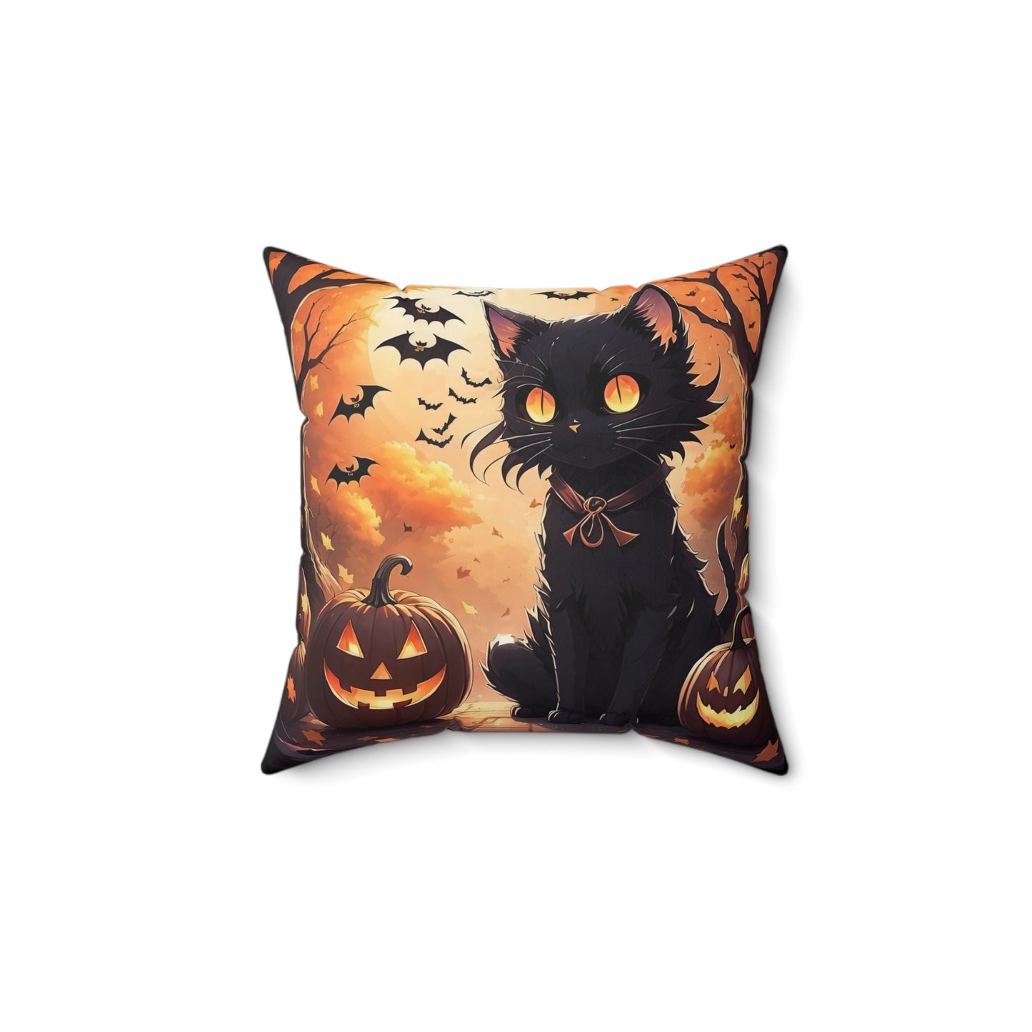 Anime Black Cat, Halloween, Spun Polyester Square Pillow