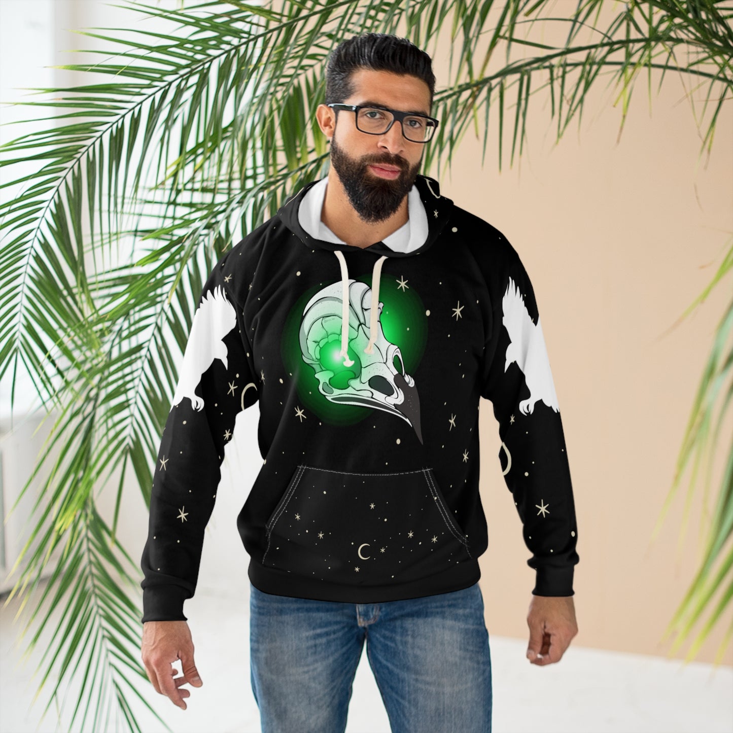 Raven skull with moon and stars Halloween Pullover Hoodie Black