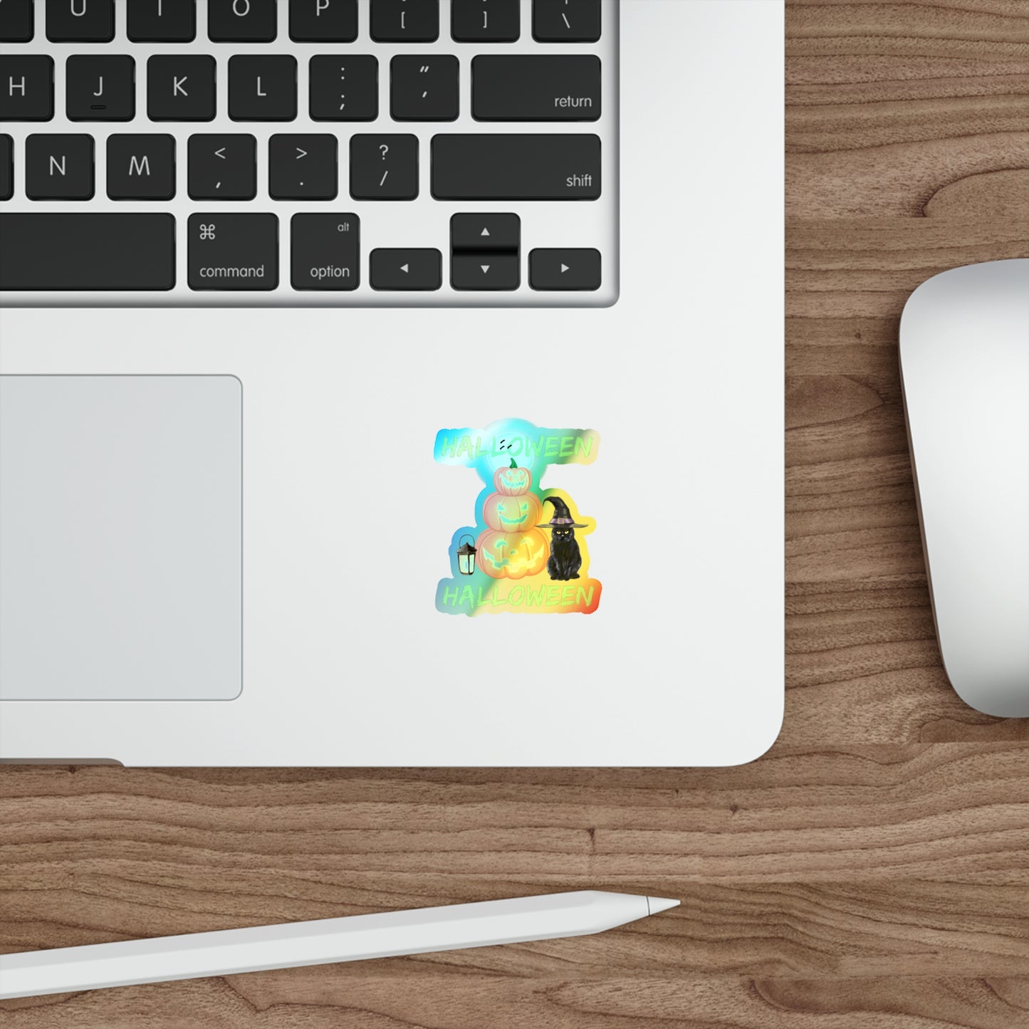 Halloween Rainbow Holographic Die-cut Vinyl Stickers Black Cat And Pumpkins