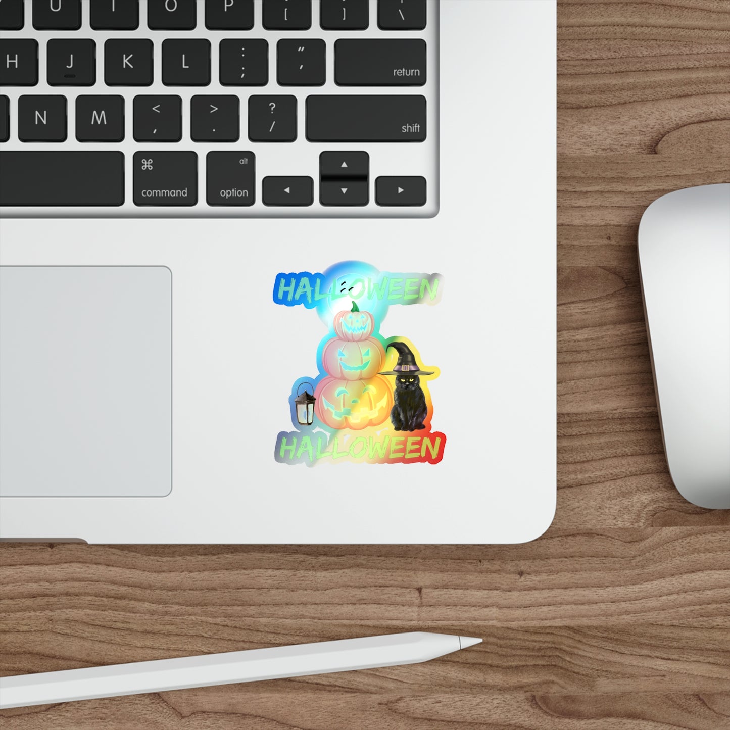 Halloween Rainbow Holographic Die-cut Vinyl Stickers Black Cat And Pumpkins