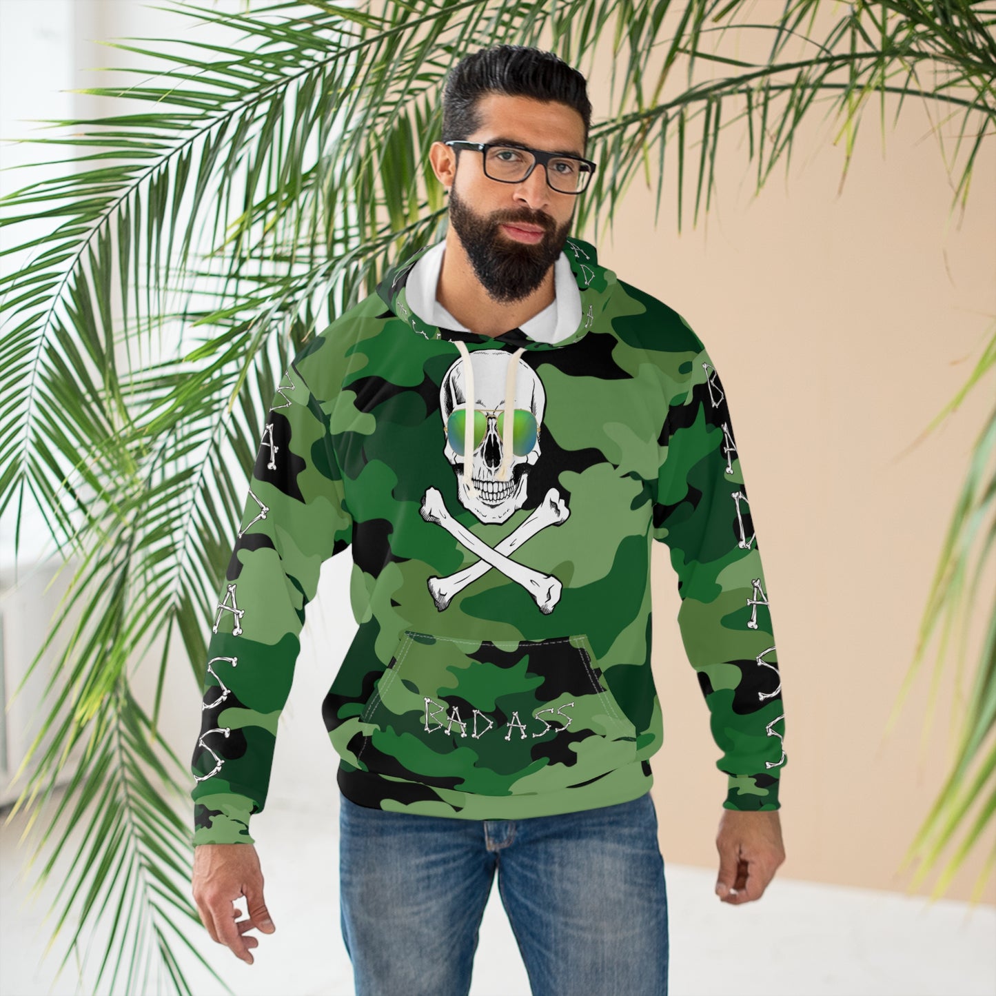 Bad Ass" skull and Crossbones  Halloween Pullover Hoodie camouflage