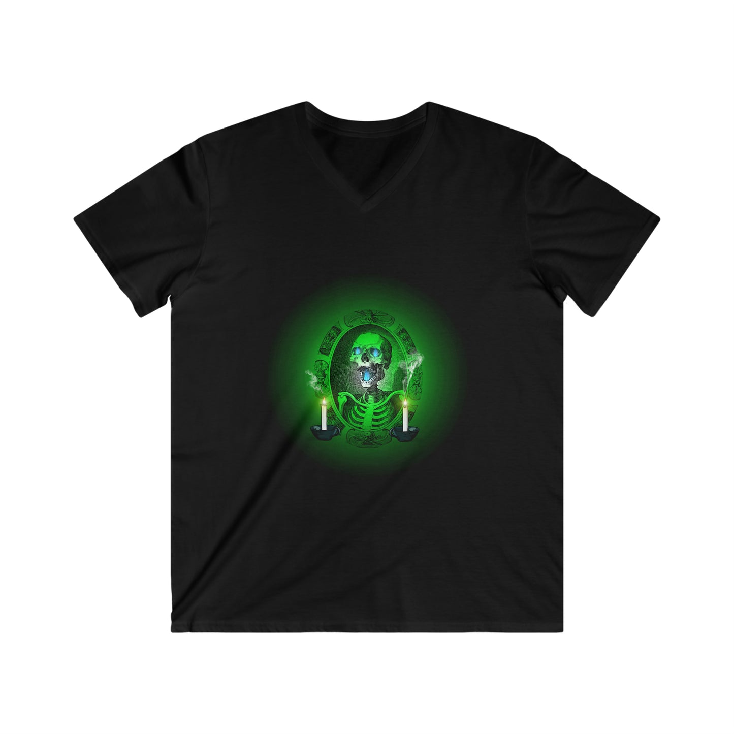 Men's Fitted V-Neck Short Sleeve Tee All Hallows Eve Candlelight Skeleton Top