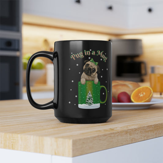 Pug In A Mug Christmas Black Mug, 15oz