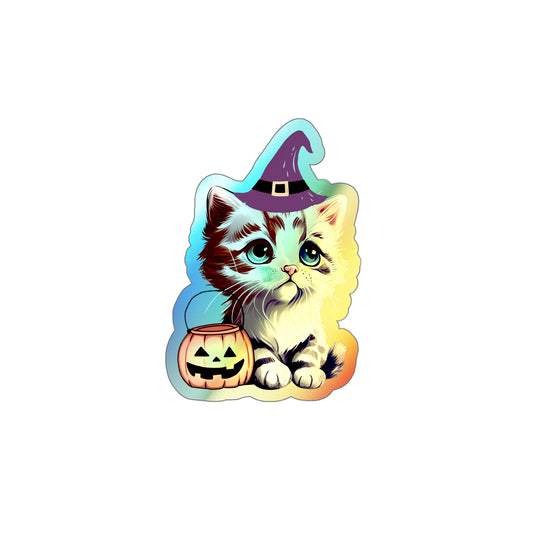 Halloween Rainbow Holographic Die-cut Vinyl Stickers Cute Witchy Kitten