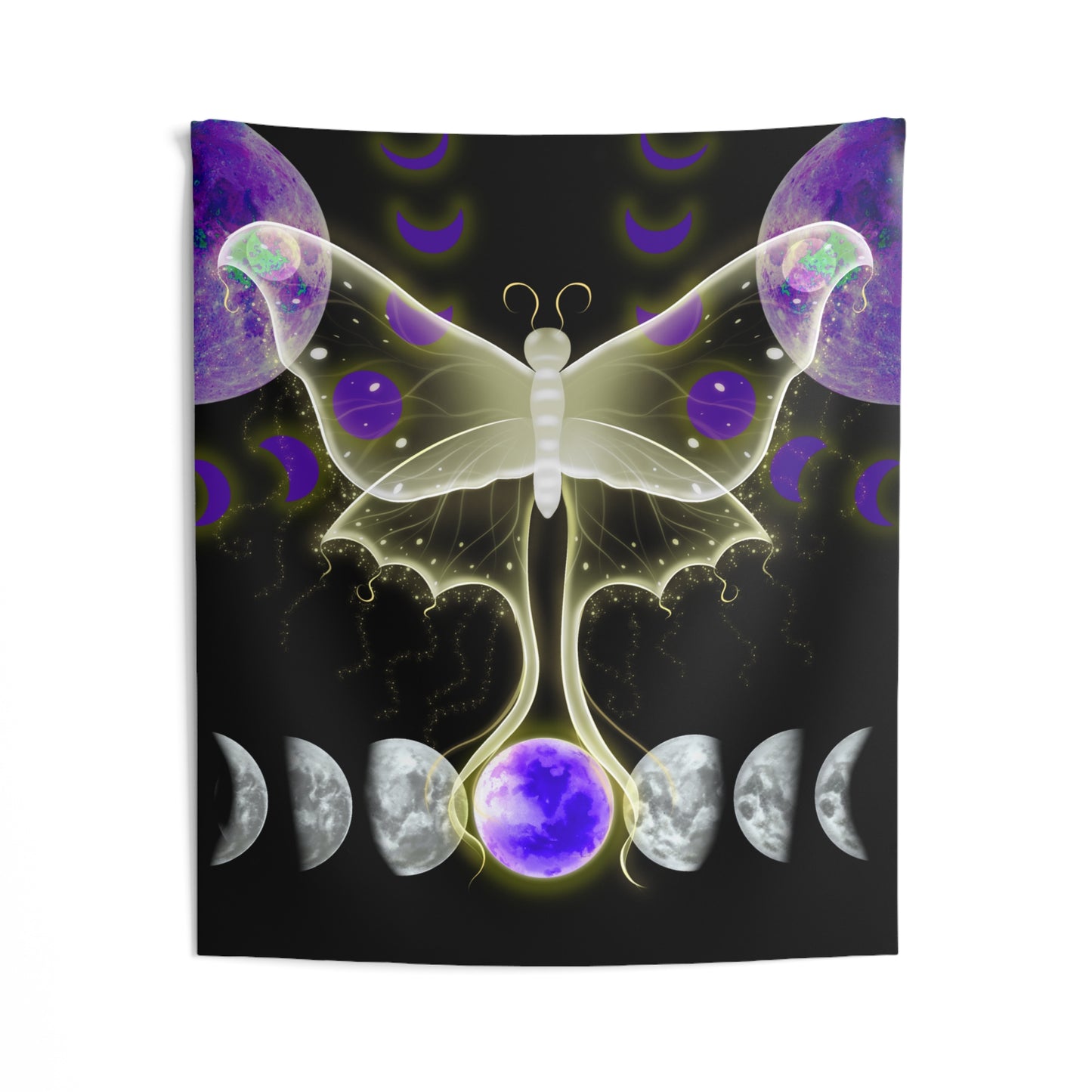 Mystic Lunar Moth, Indoor Wall Tapestries, Black Light Responsive, Moon Lover Gift