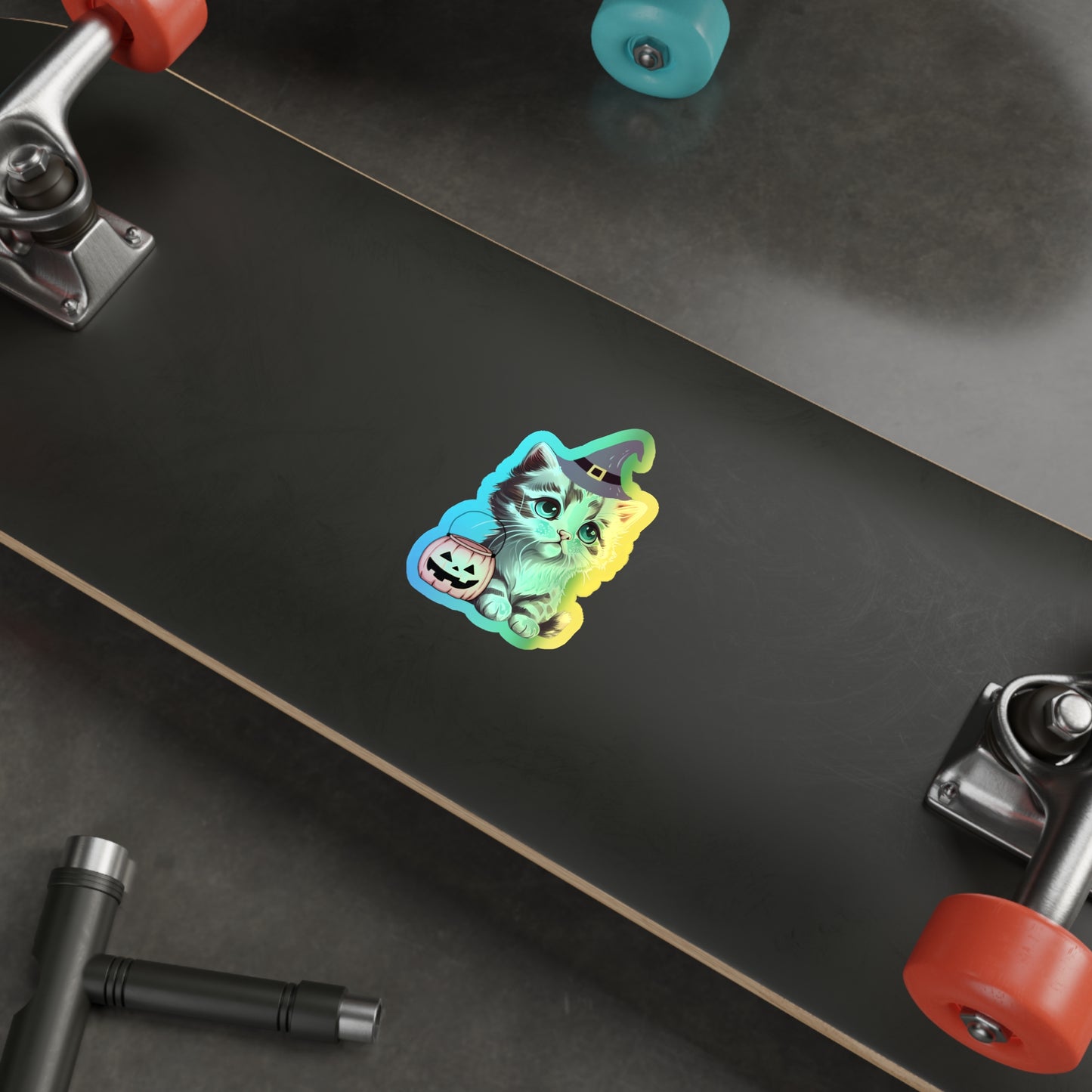 Halloween Rainbow Holographic Die-cut Vinyl Stickers Cute Witchy Kitten