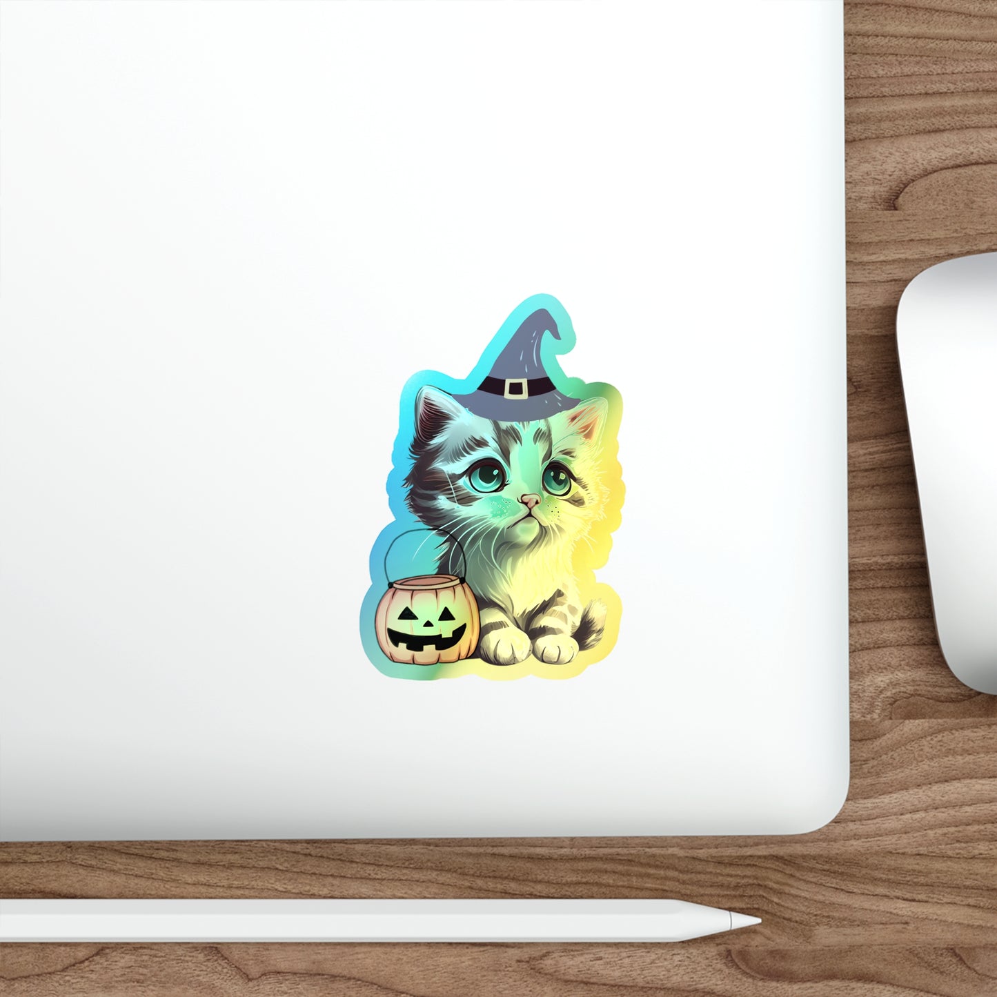 Halloween Rainbow Holographic Die-cut Vinyl Stickers Cute Witchy Kitten