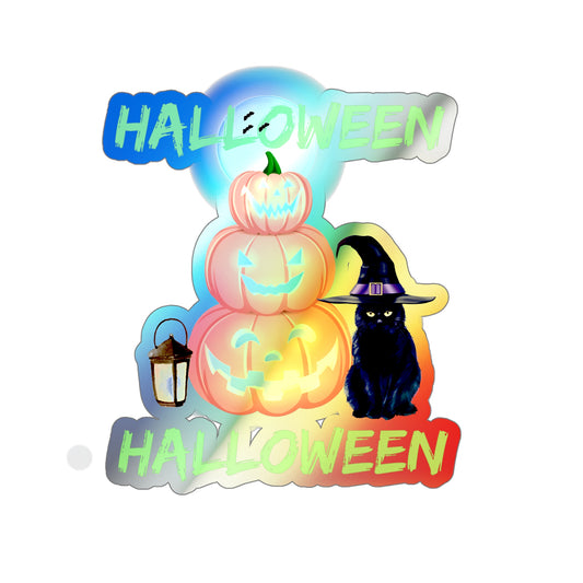 Halloween Rainbow Holographic Die-cut Vinyl Stickers Black Cat And Pumpkins