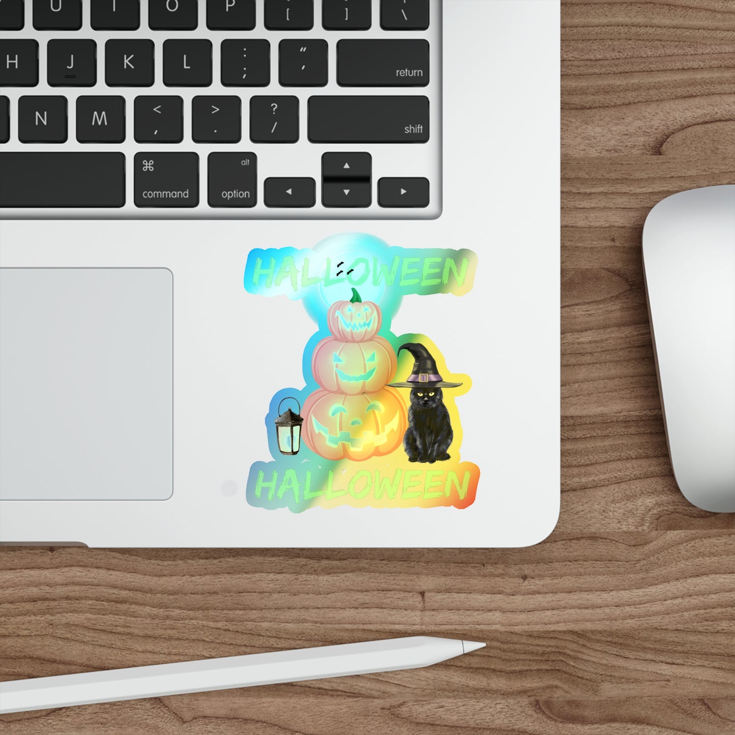 Halloween Rainbow Holographic Die-cut Vinyl Stickers Black Cat And Pumpkins