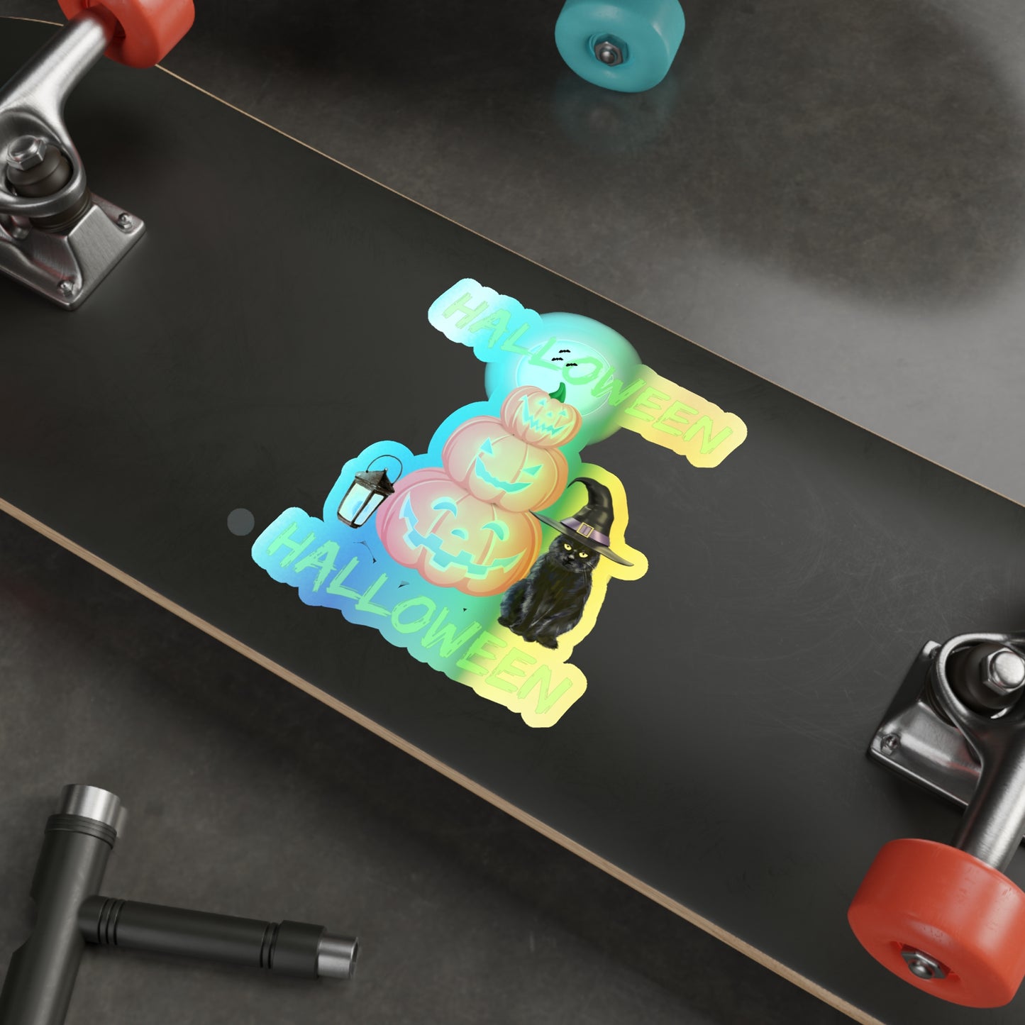 Halloween Rainbow Holographic Die-cut Vinyl Stickers Black Cat And Pumpkins