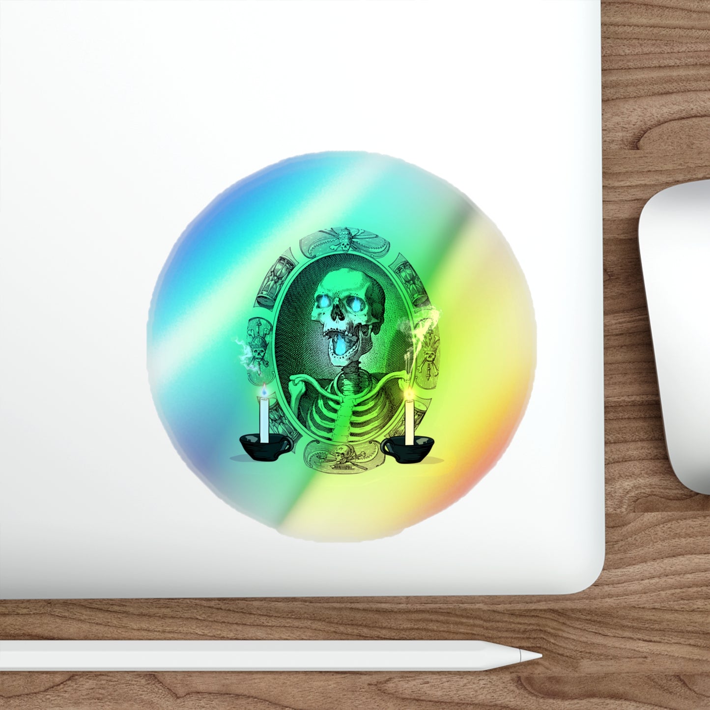 Haunted Halloween Rainbow Holographic Die-cut Vinyl Stickers Spooky Skeleton