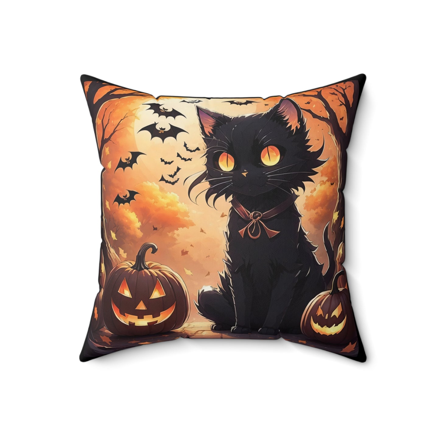 Anime Black Cat, Halloween, Spun Polyester Square Pillow