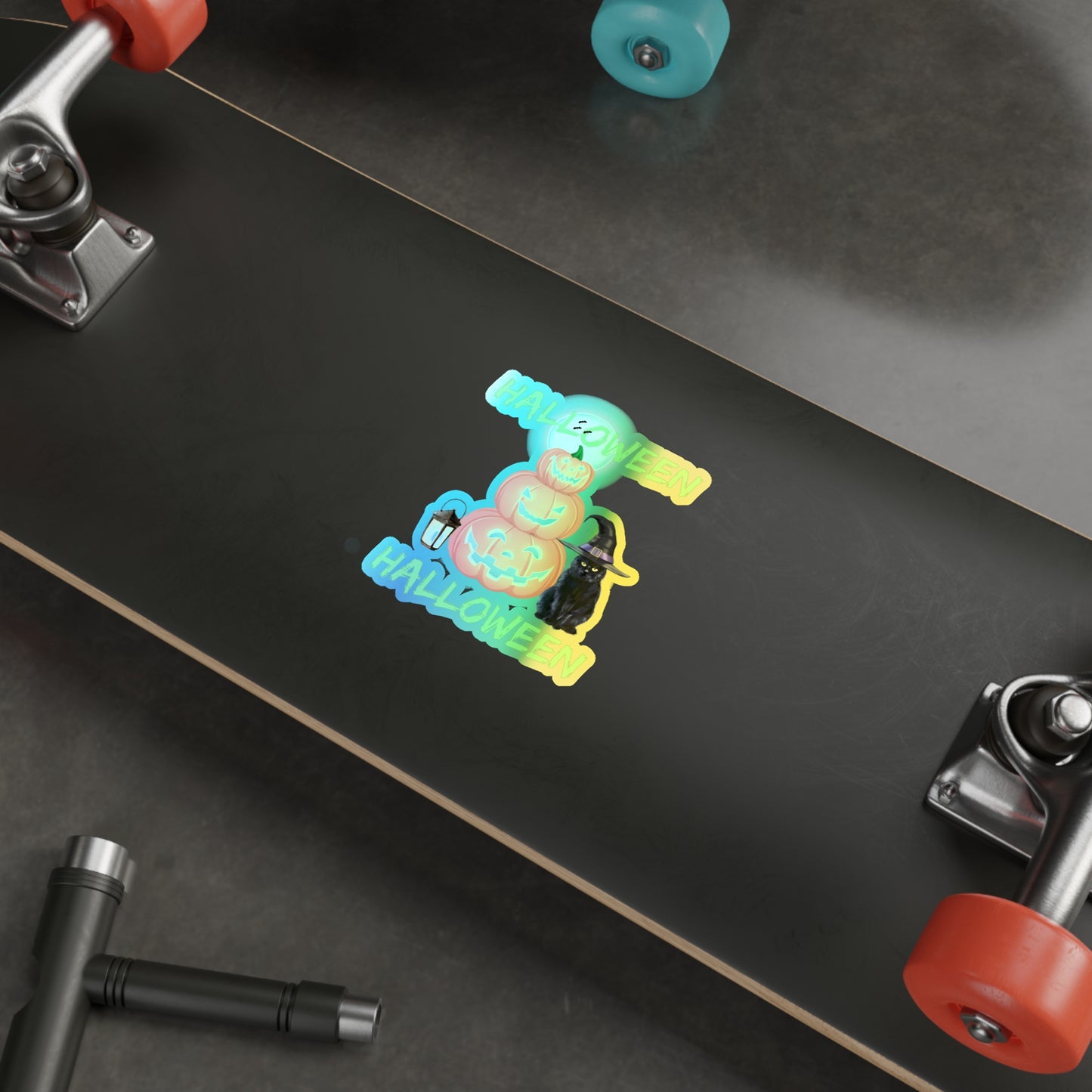 Halloween Rainbow Holographic Die-cut Vinyl Stickers Black Cat And Pumpkins