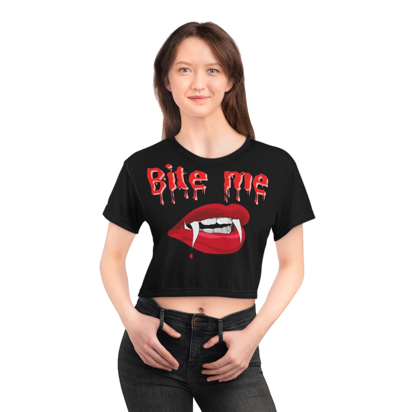 Bite Me Halloween Crop Top Tee Shirt Womens