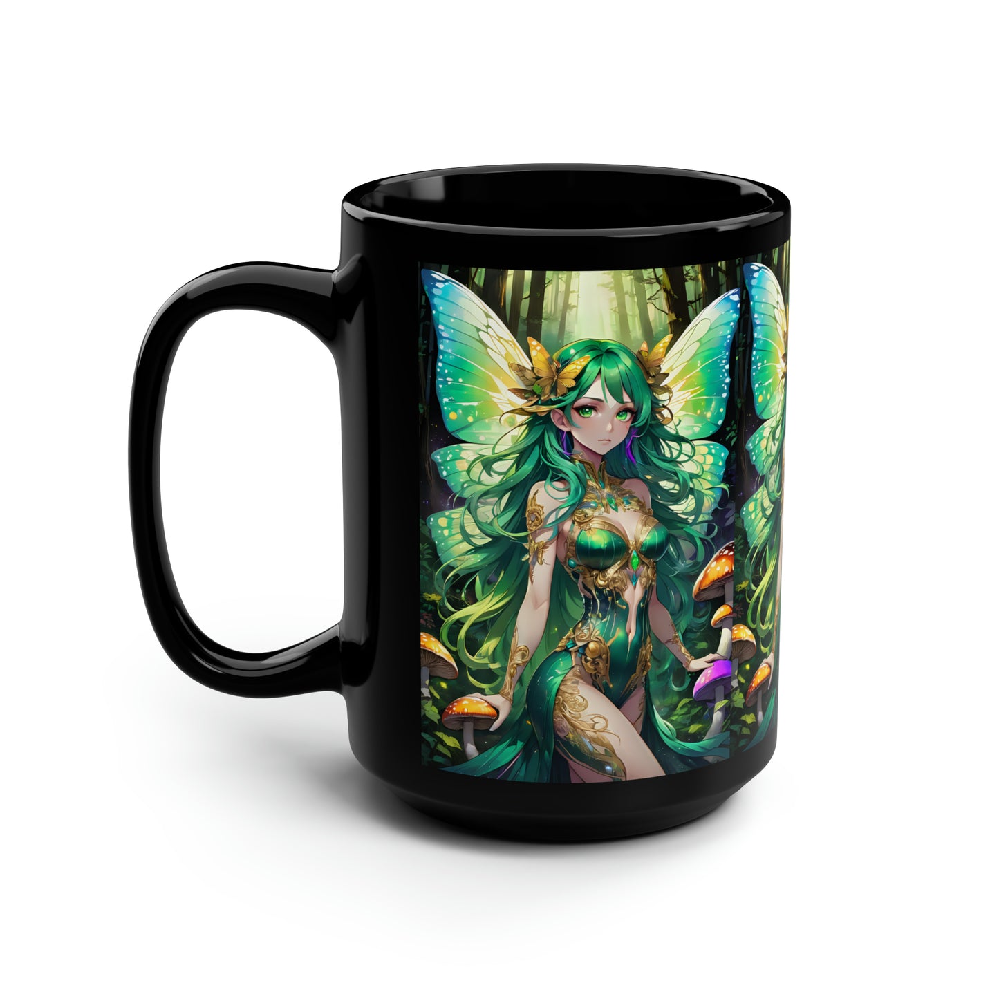 Jade Butterfly Fairy, Black Mug, 15oz