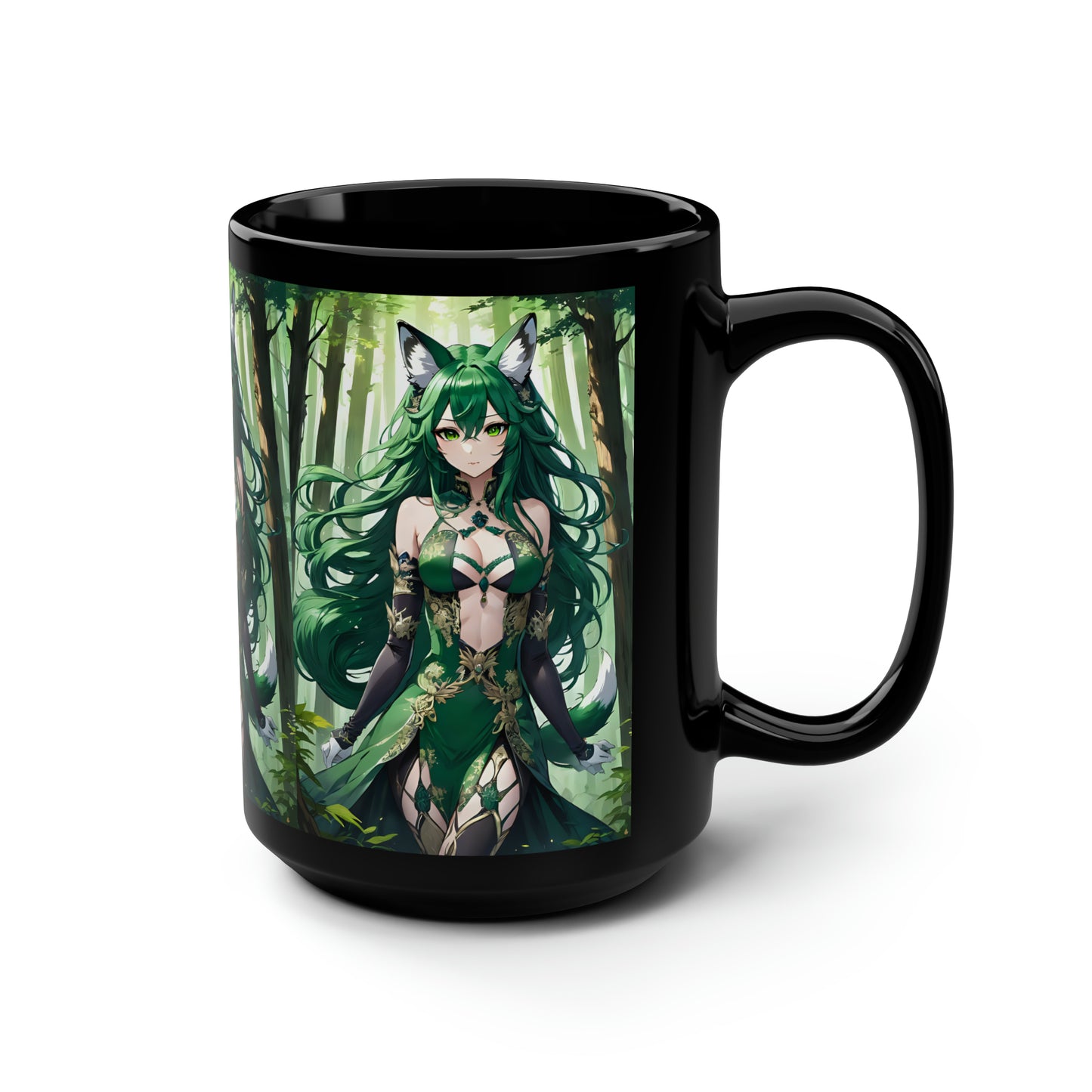 Emerald Fox Goddess, Black Mug, 15oz