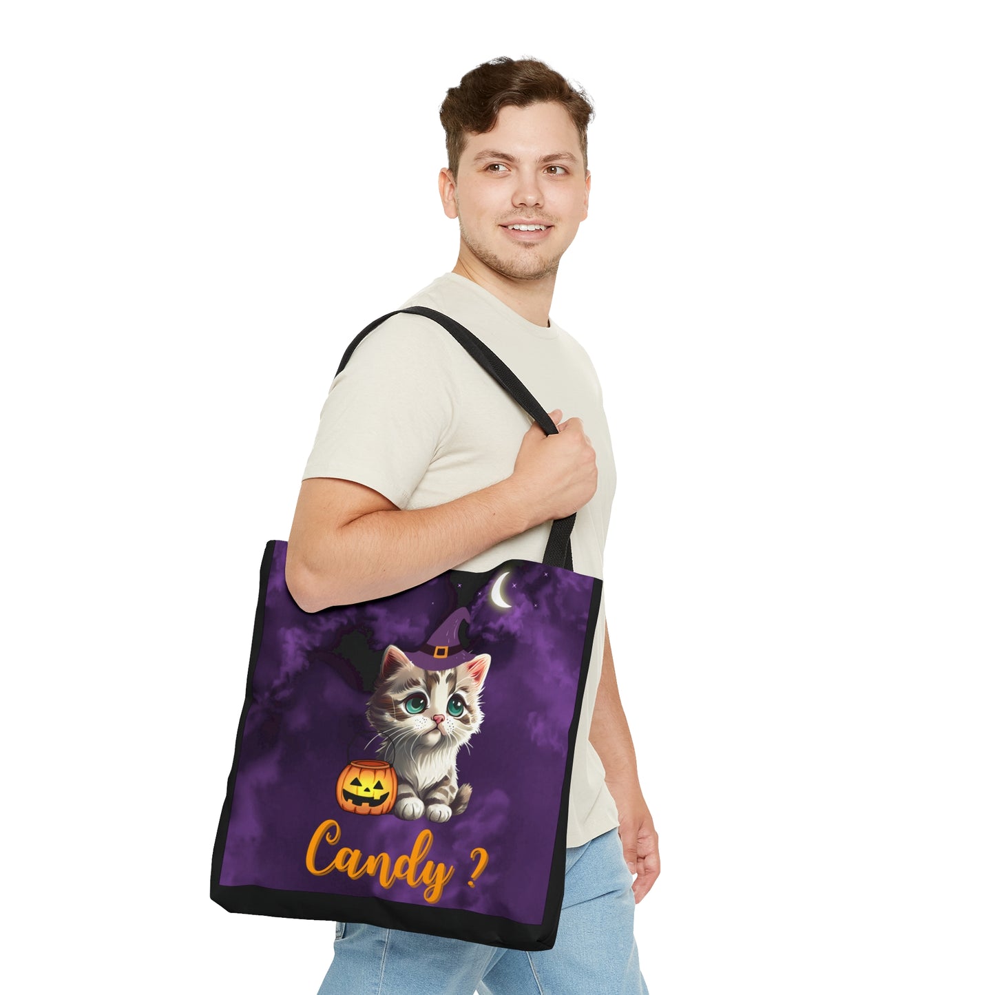 Candy Halloween Tote Bag, Cute Witchy Cat, Candy Tote Bag