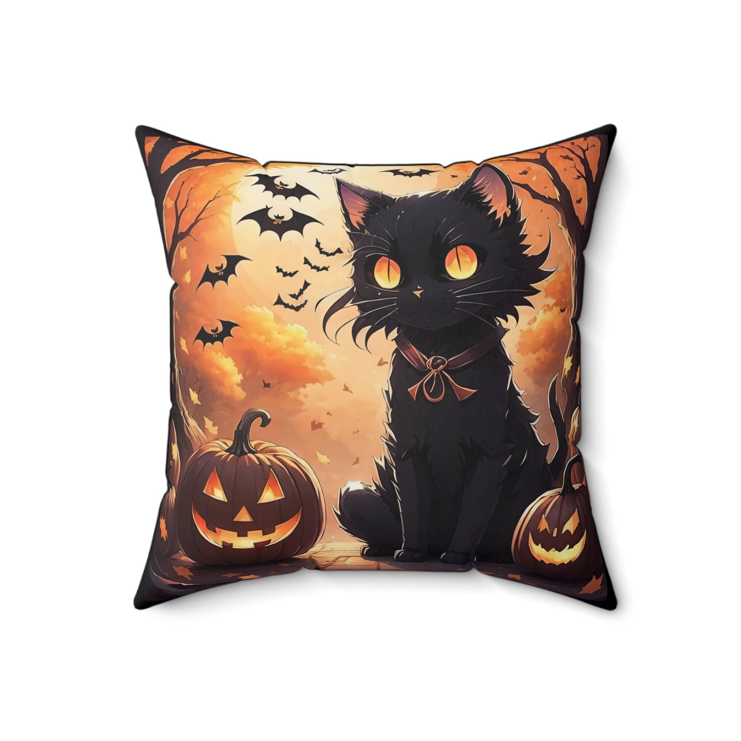 Anime Black Cat,  Halloween, Spun Polyester Square Pillow