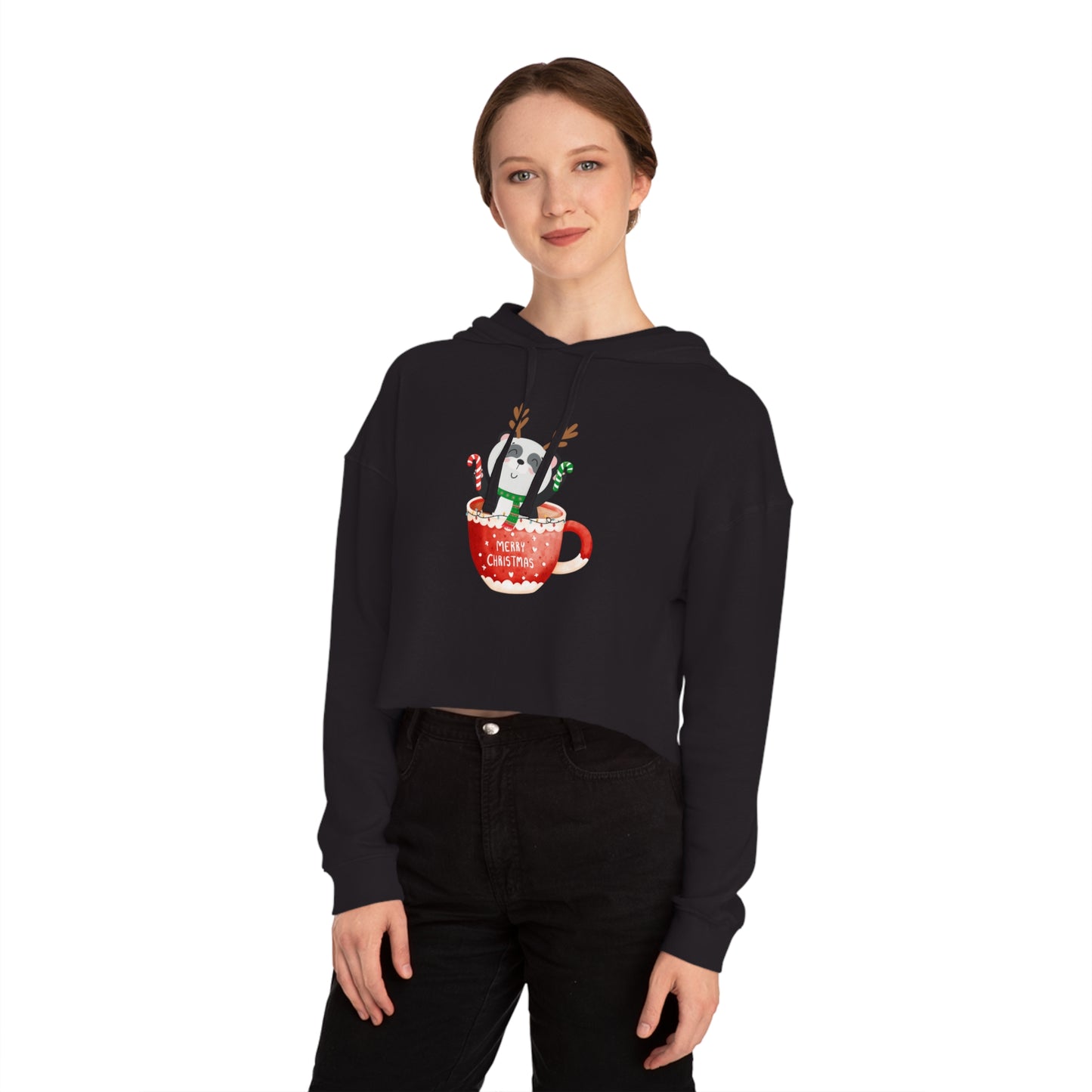 Merry Christmas Panda Women’s Cropped Hooded Sweatshirt