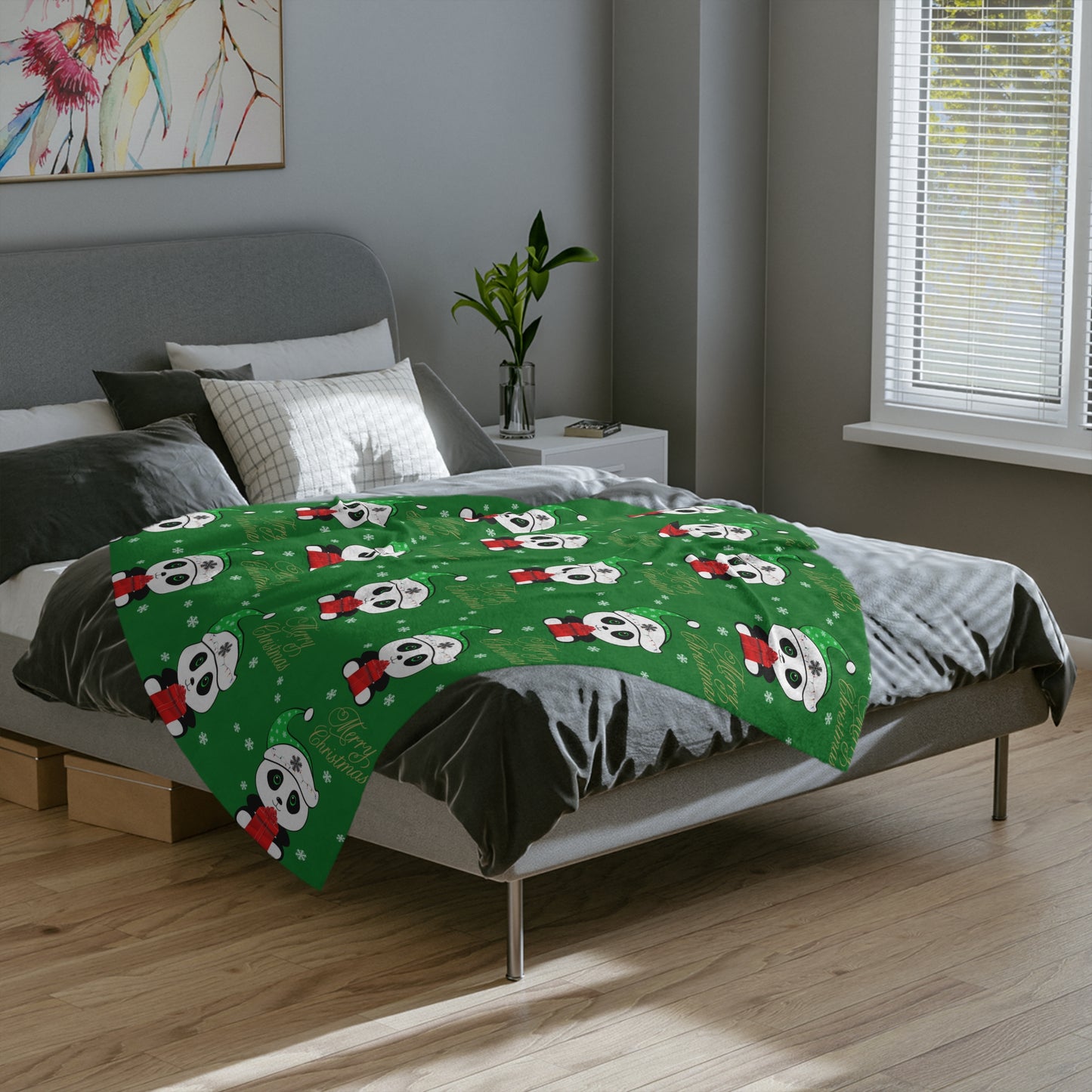 Merry Christmas Panda Velveteen Minky Blanket