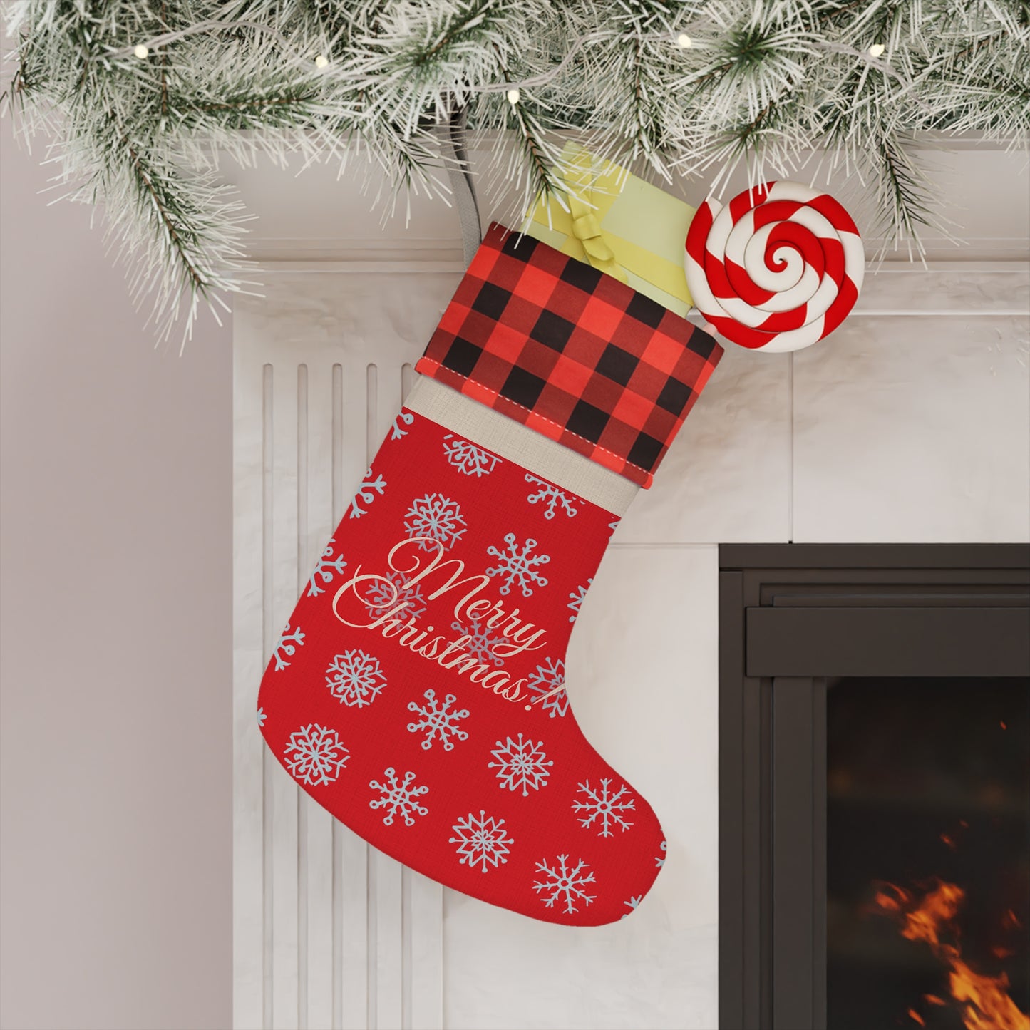 Merry Christmas Snowflake Stocking Red