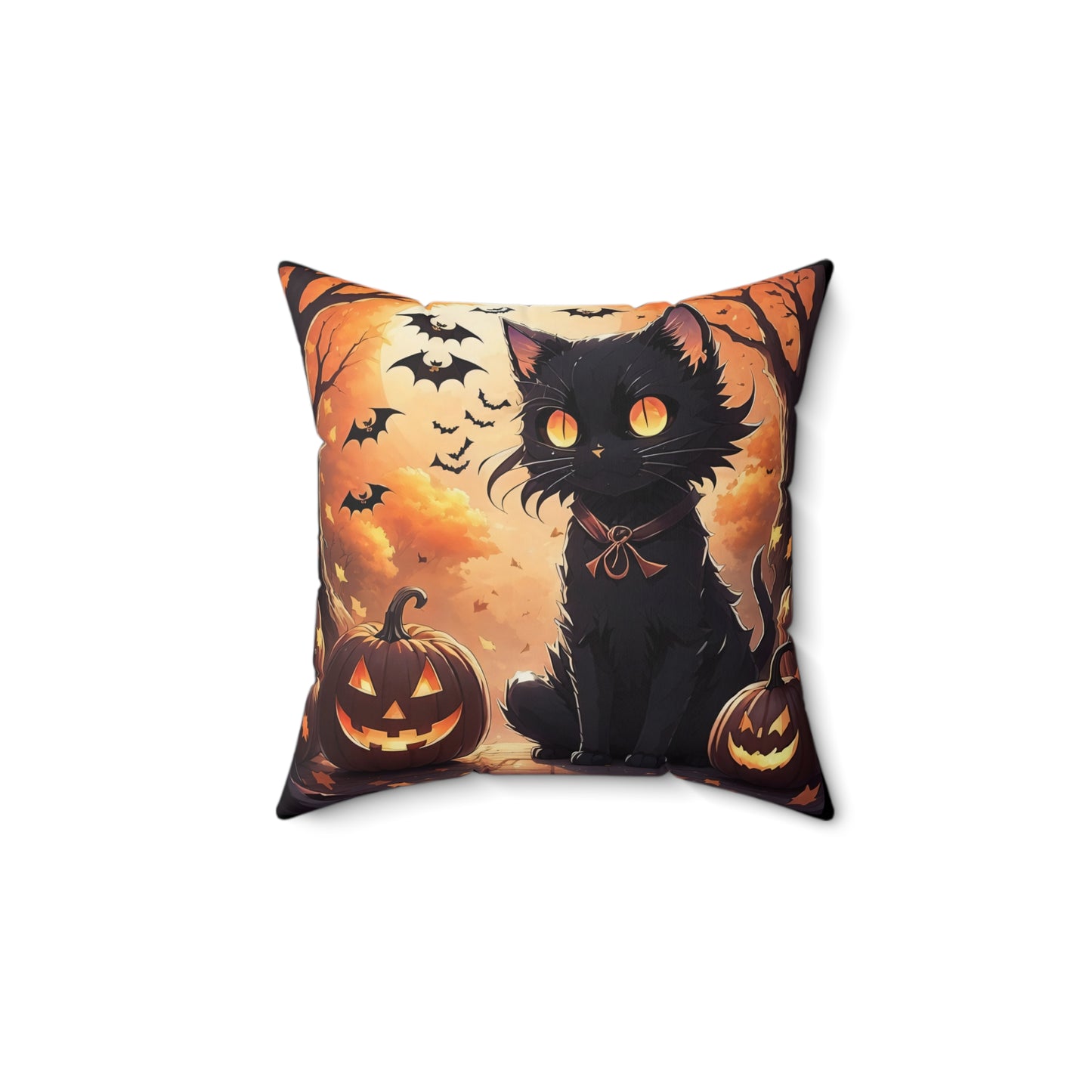 Anime Black Cat,  Halloween, Spun Polyester Square Pillow