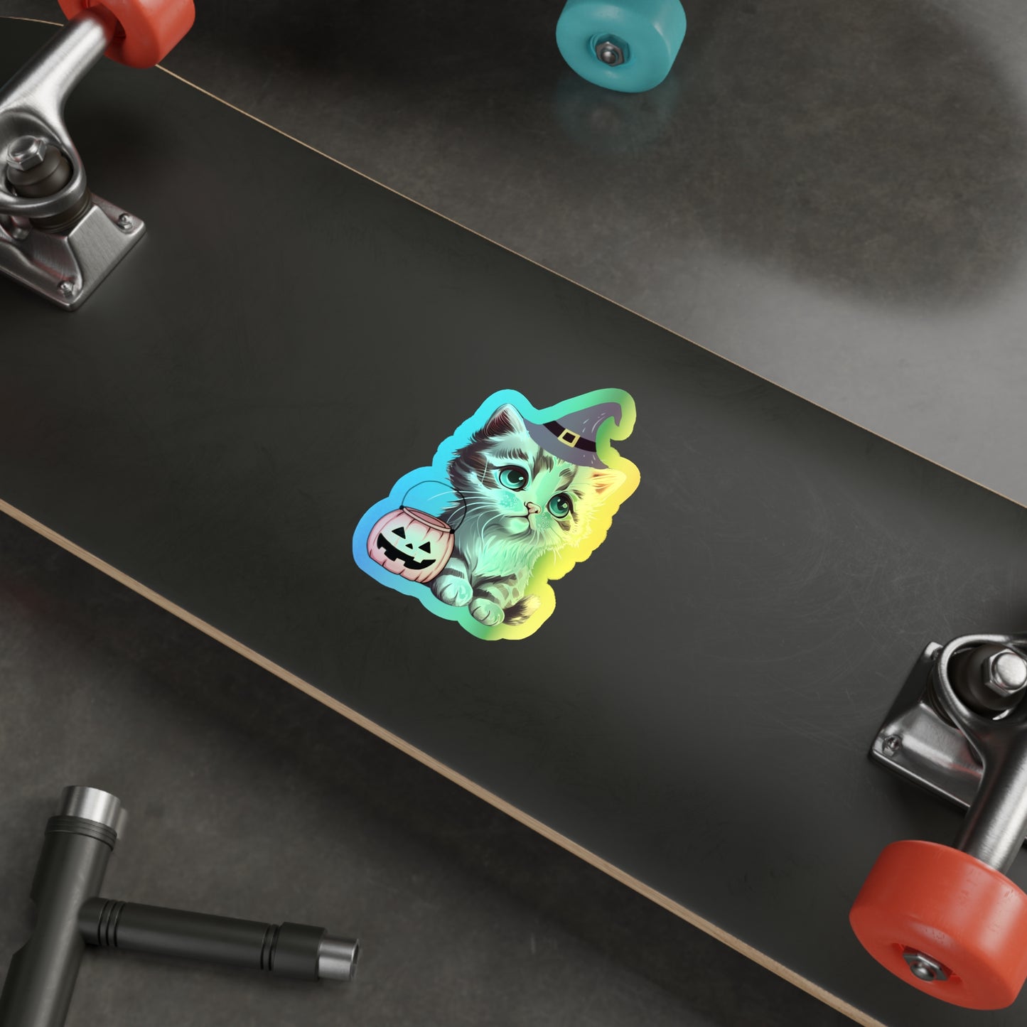 Halloween Rainbow Holographic Die-cut Vinyl Stickers Cute Witchy Kitten