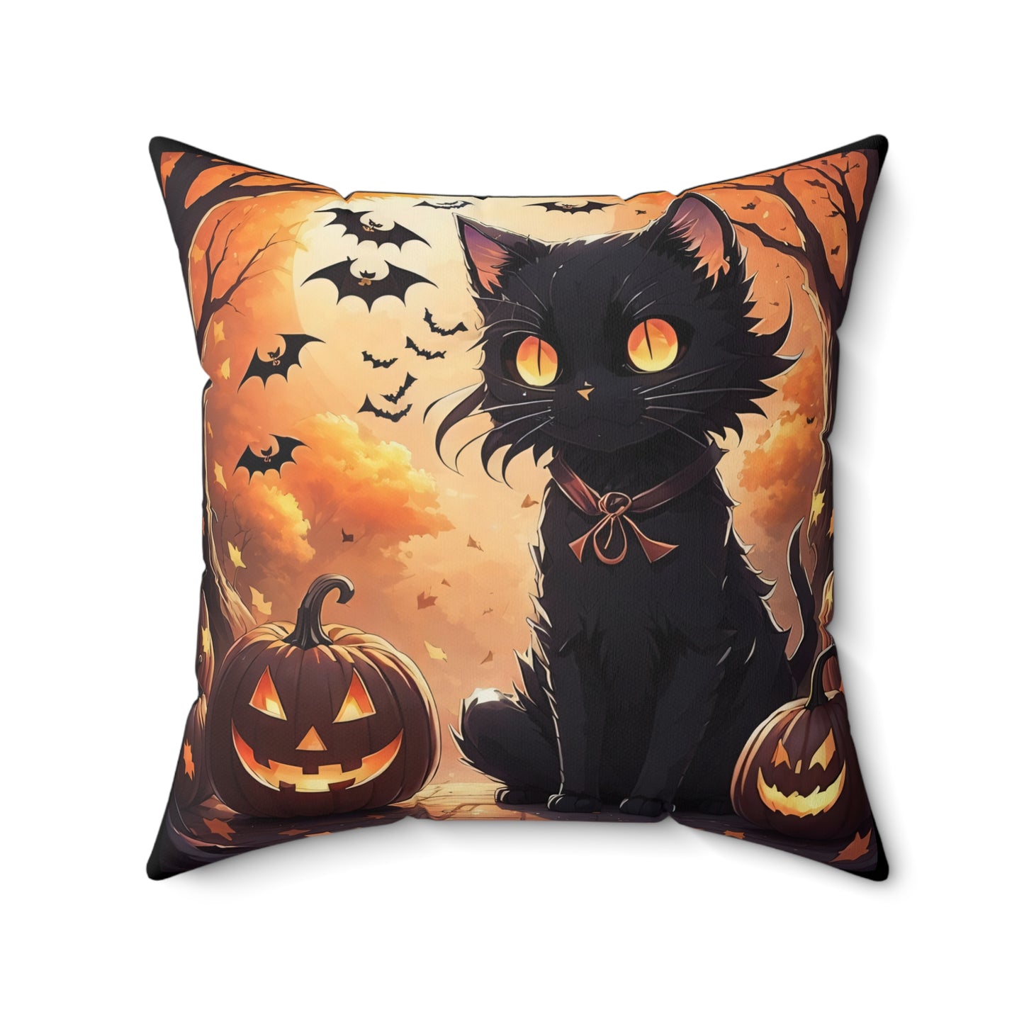 Anime Black Cat,  Halloween, Spun Polyester Square Pillow