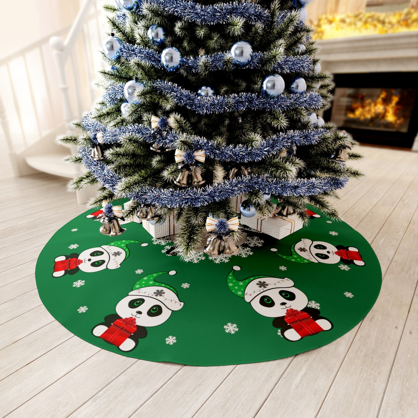 Christmas Panda Round Christmas Tree Skirt Green