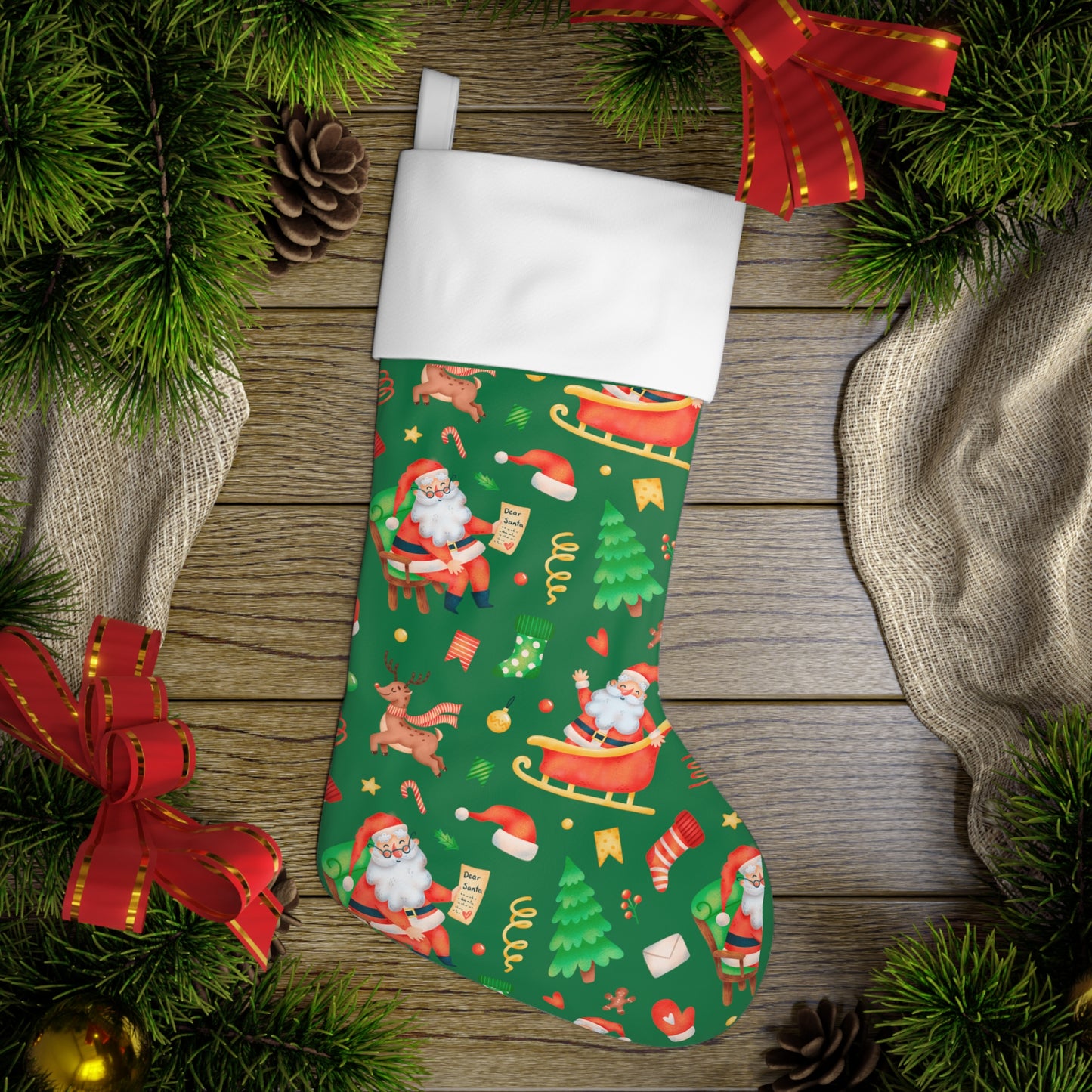 Santa And Reindeer Christmas Stocking Green