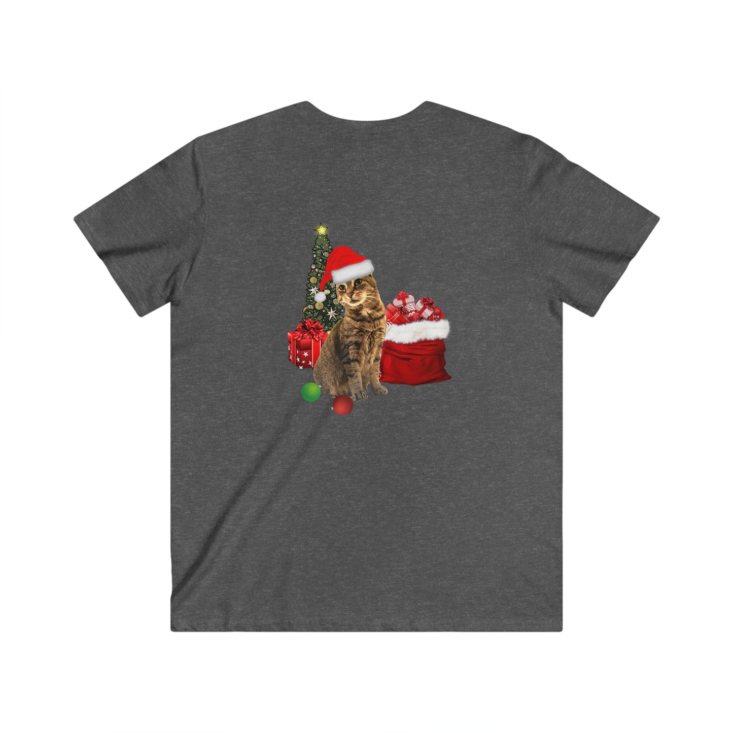 Men's Fitted V-Neck Short Sleeve Tee Christmas Cat Christmas Top