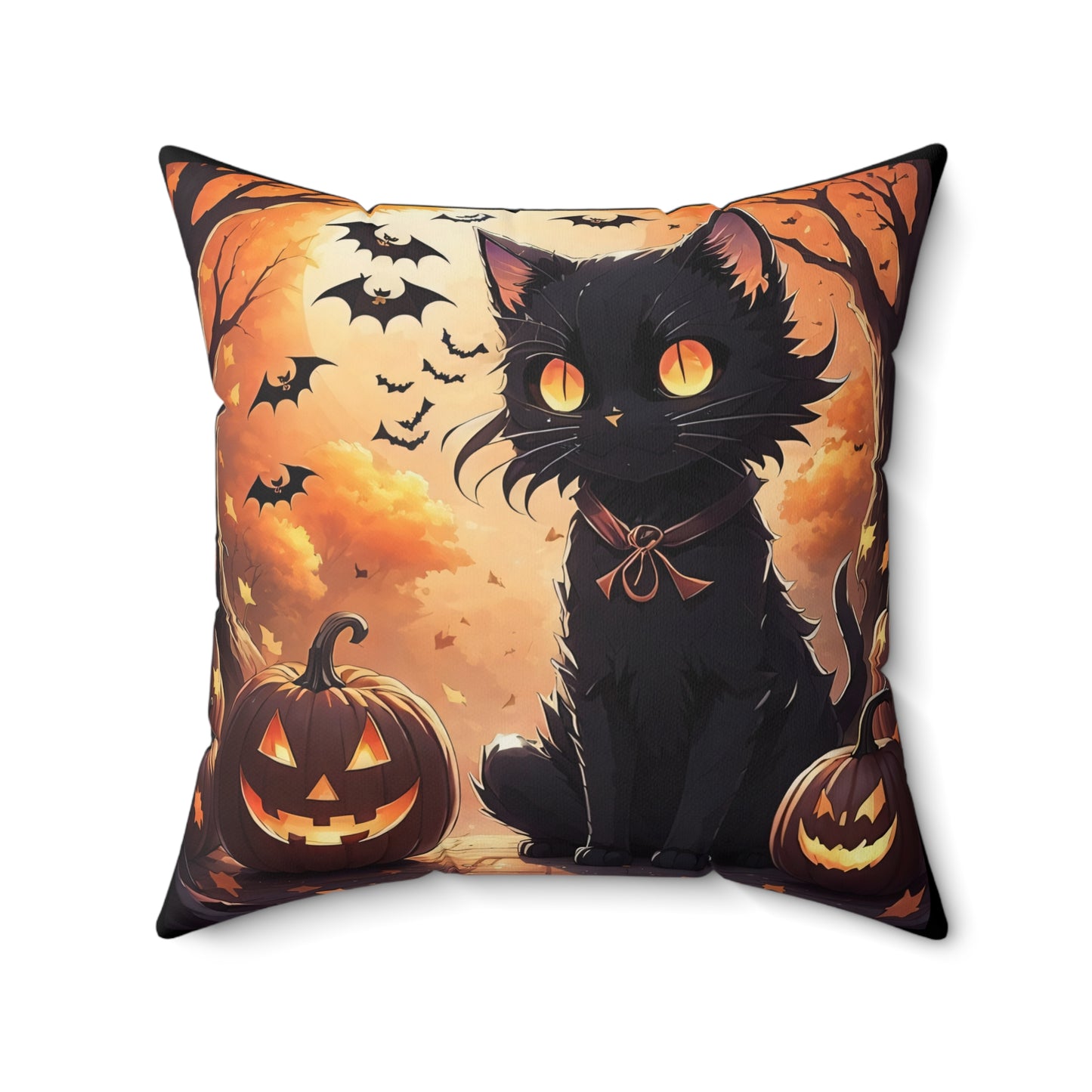 Anime Black Cat,  Halloween, Spun Polyester Square Pillow