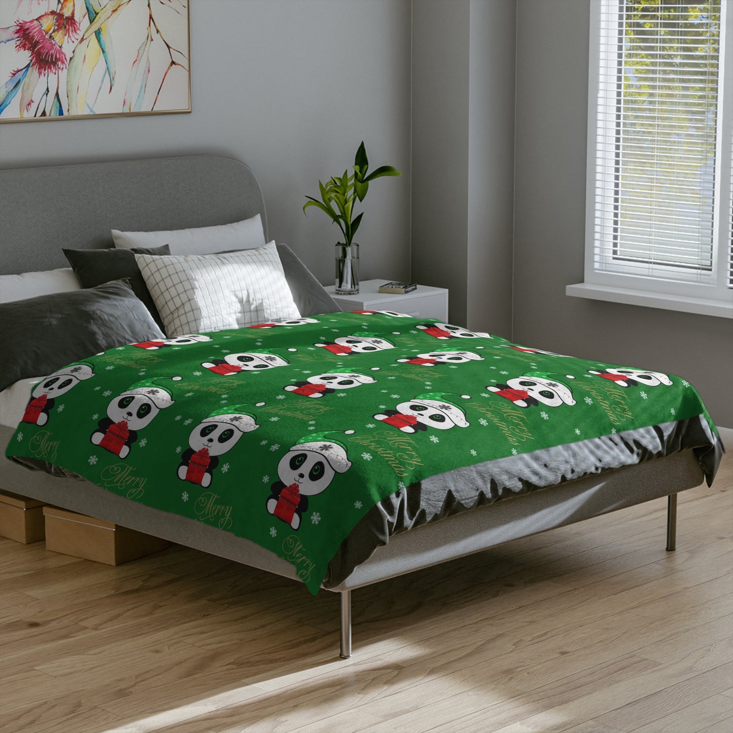 Merry Christmas Panda Velveteen Minky Blanket