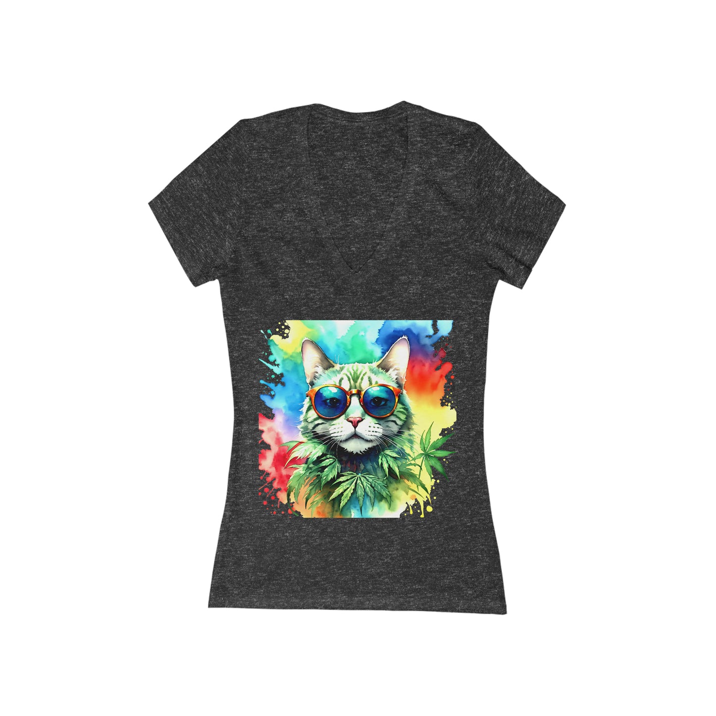 Chasing The Rainbow Cat, Women's Jersey Short Sleeve Deep V-Neck Tee