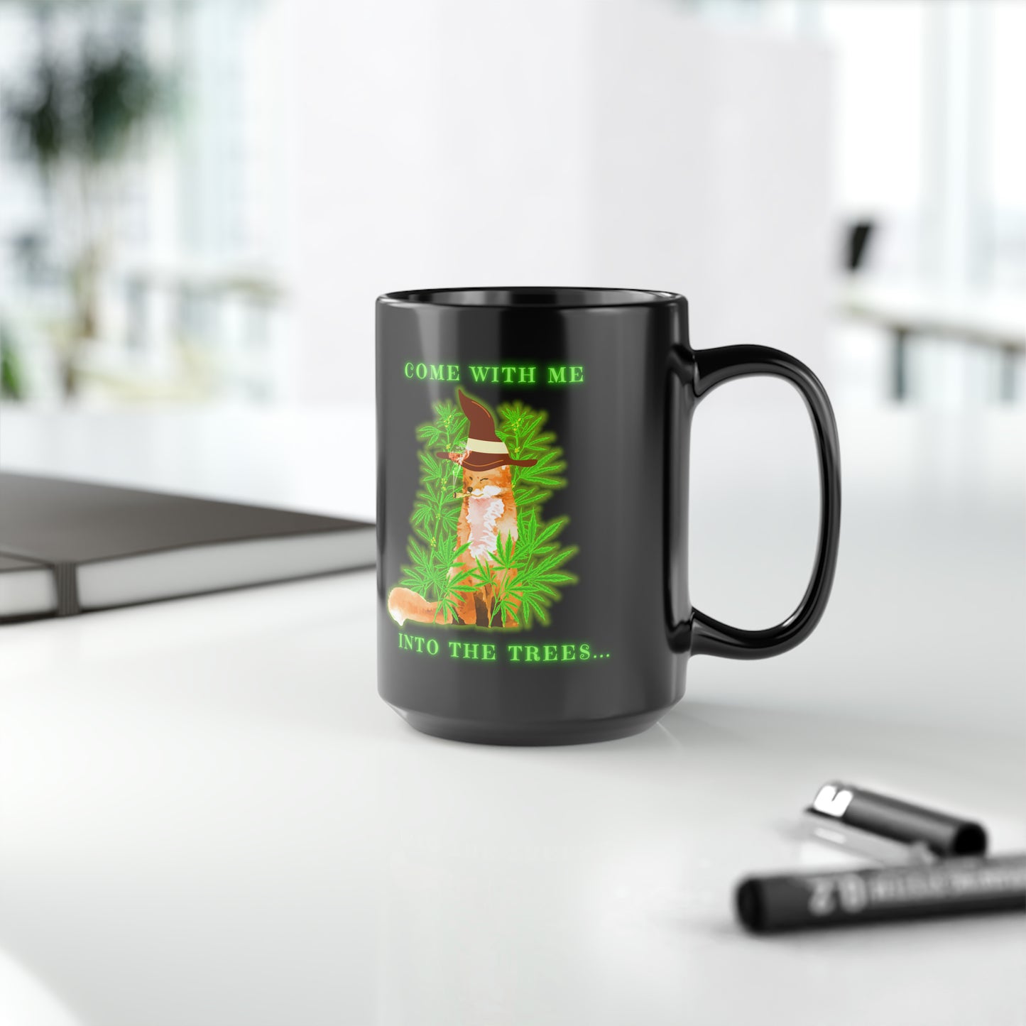 420 Fox, Into The Trees, Black Mug, 15oz, 420 Gift