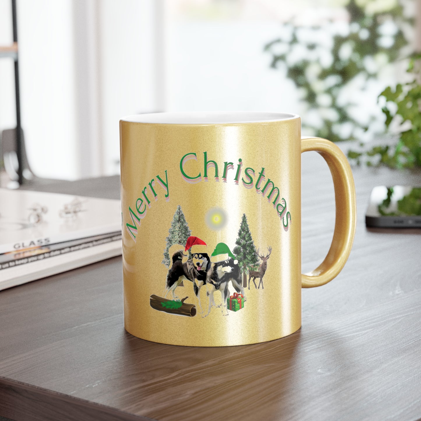 Merry Christmas Malamutes Metallic Mug (Silver\Gold)