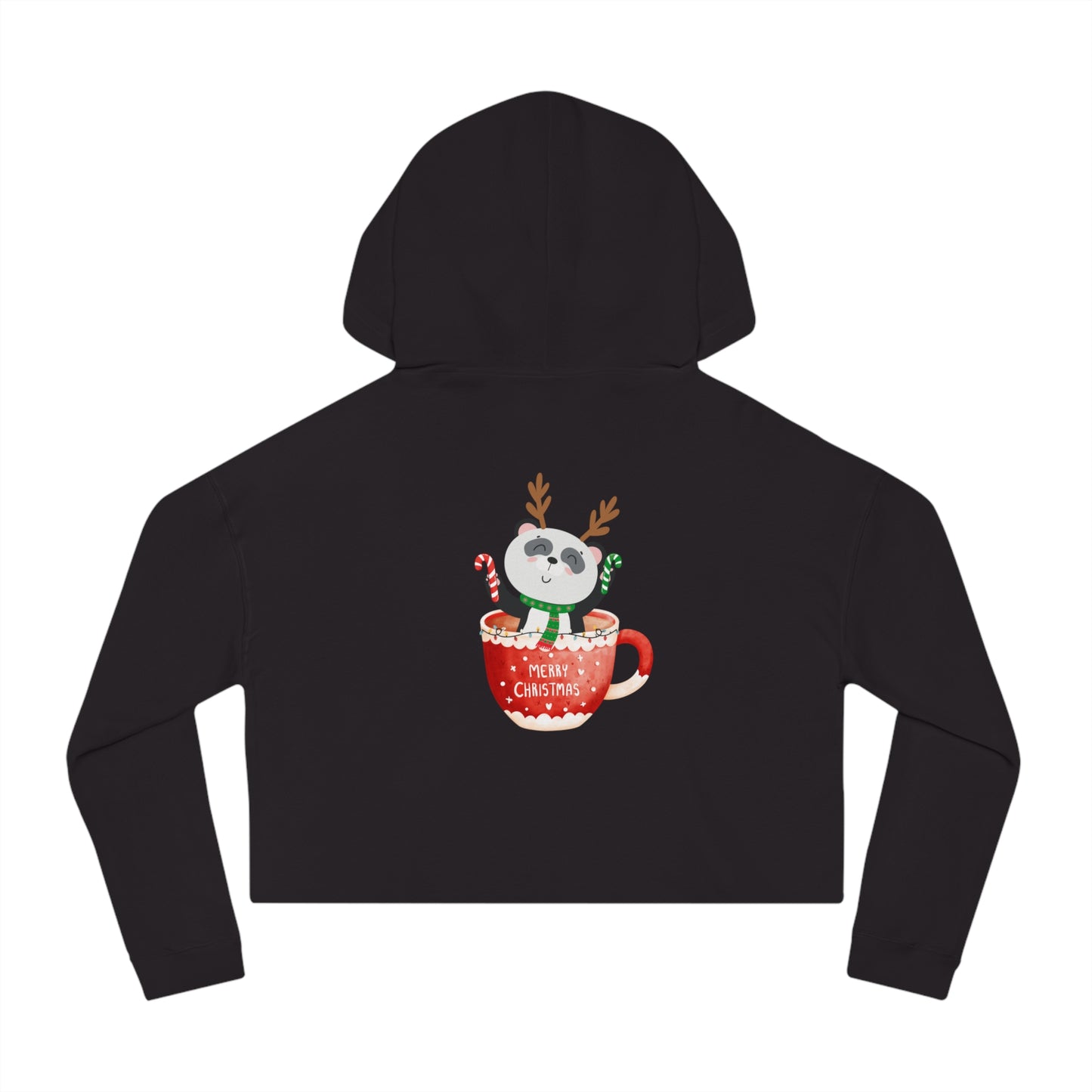 Merry Christmas Panda Womens Cropped Hooded Sweatshirt