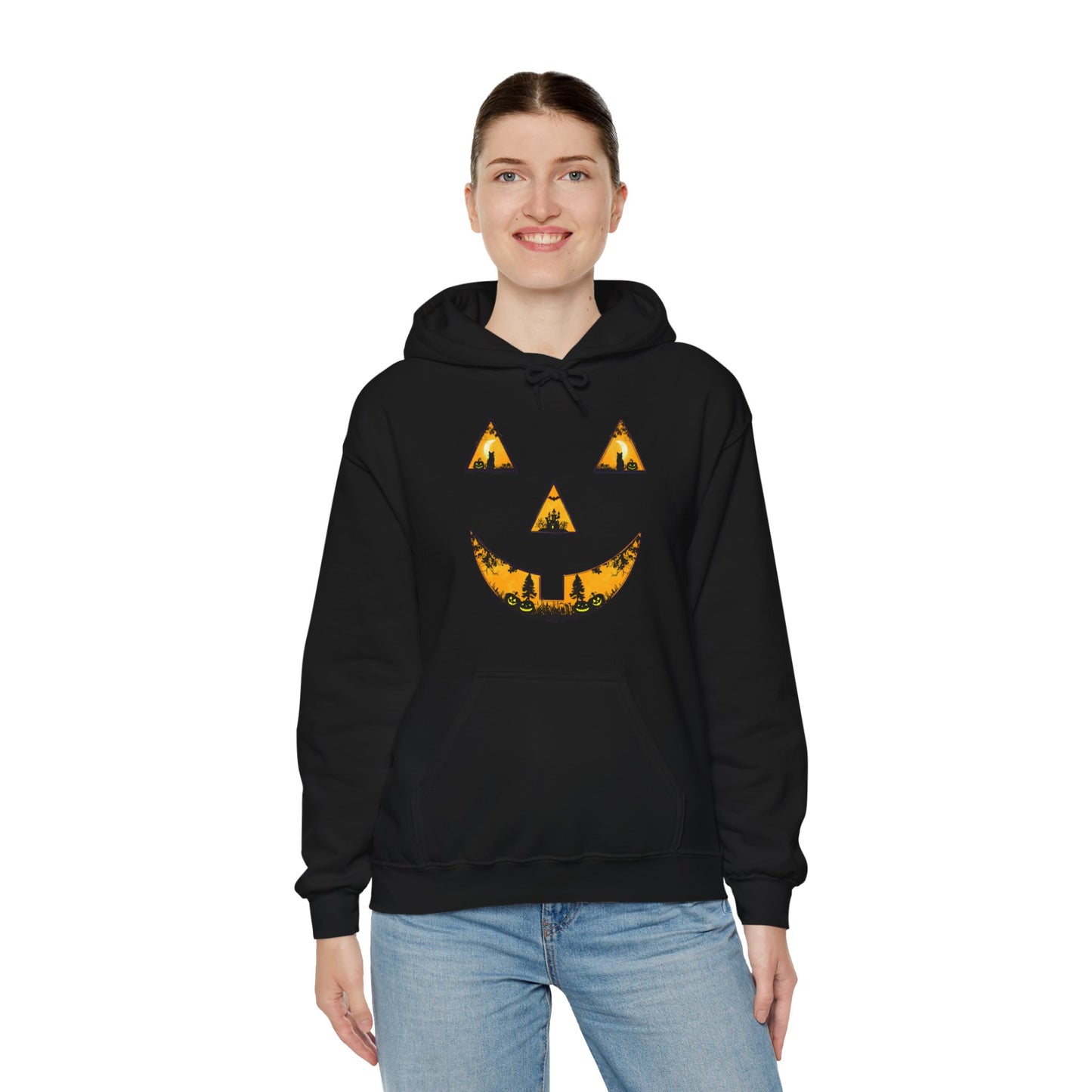 Spooky Autumn Pumpkin Face Hooded Halloween Sweatshirt