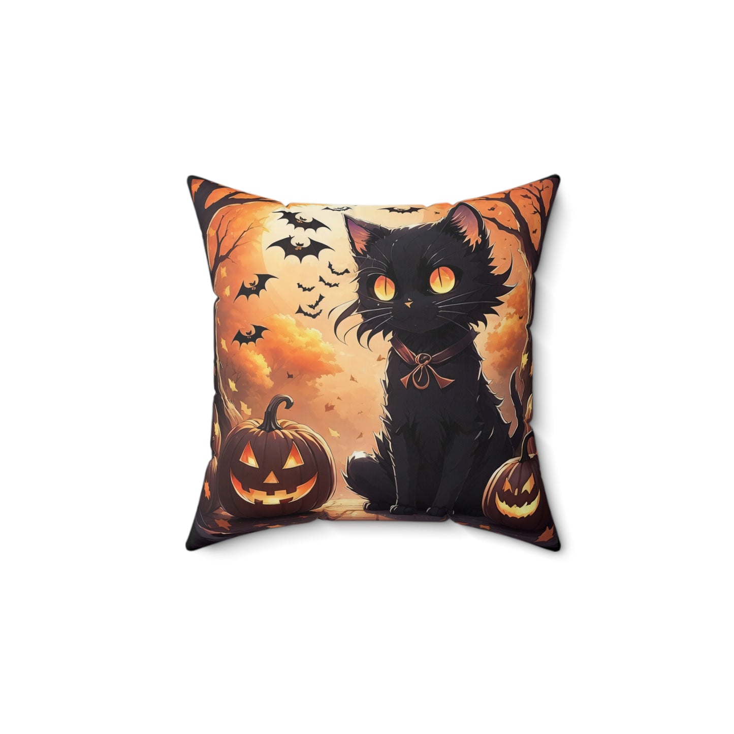 Anime Black Cat,  Halloween, Spun Polyester Square Pillow