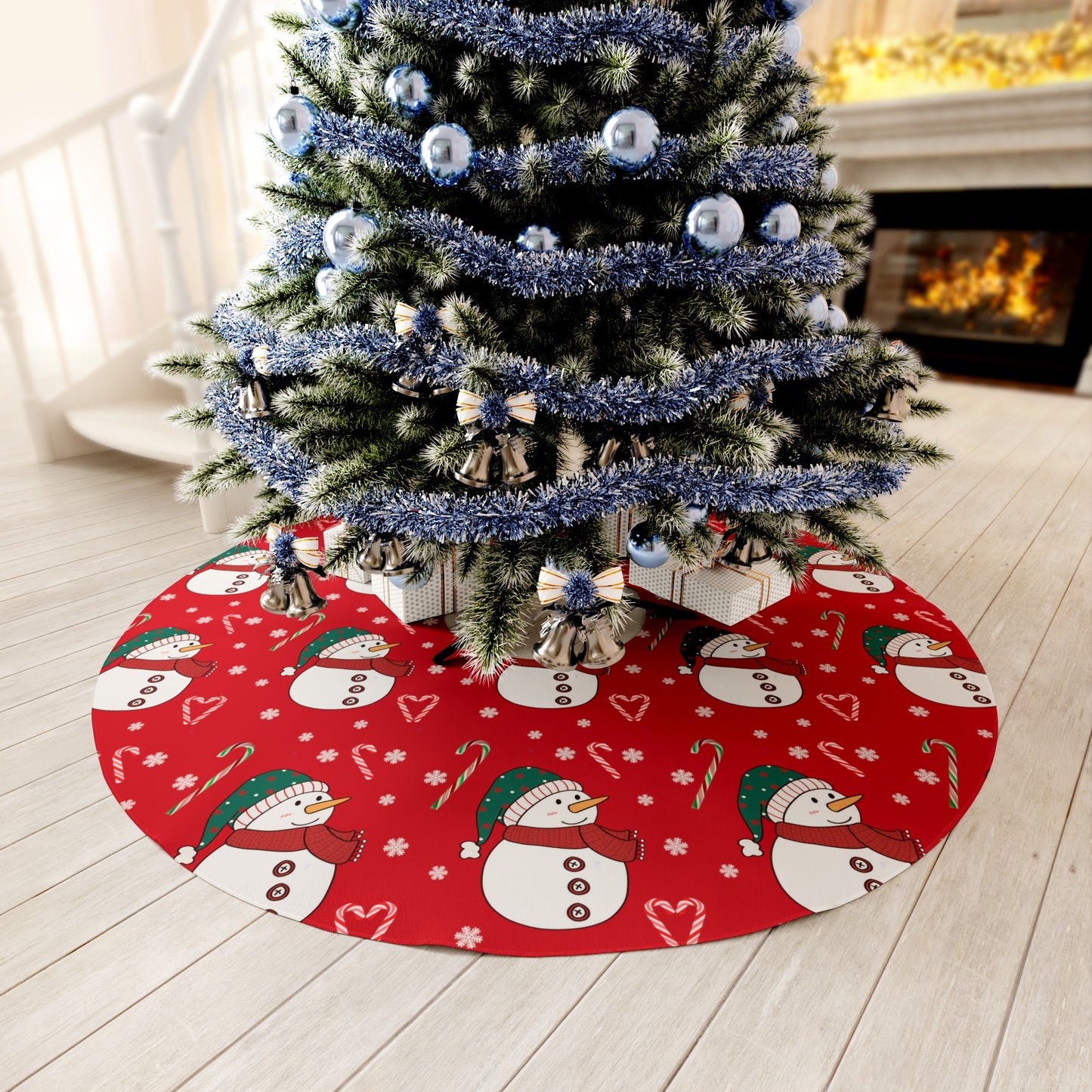 Snowman Round Christmas Tree Skirt Red