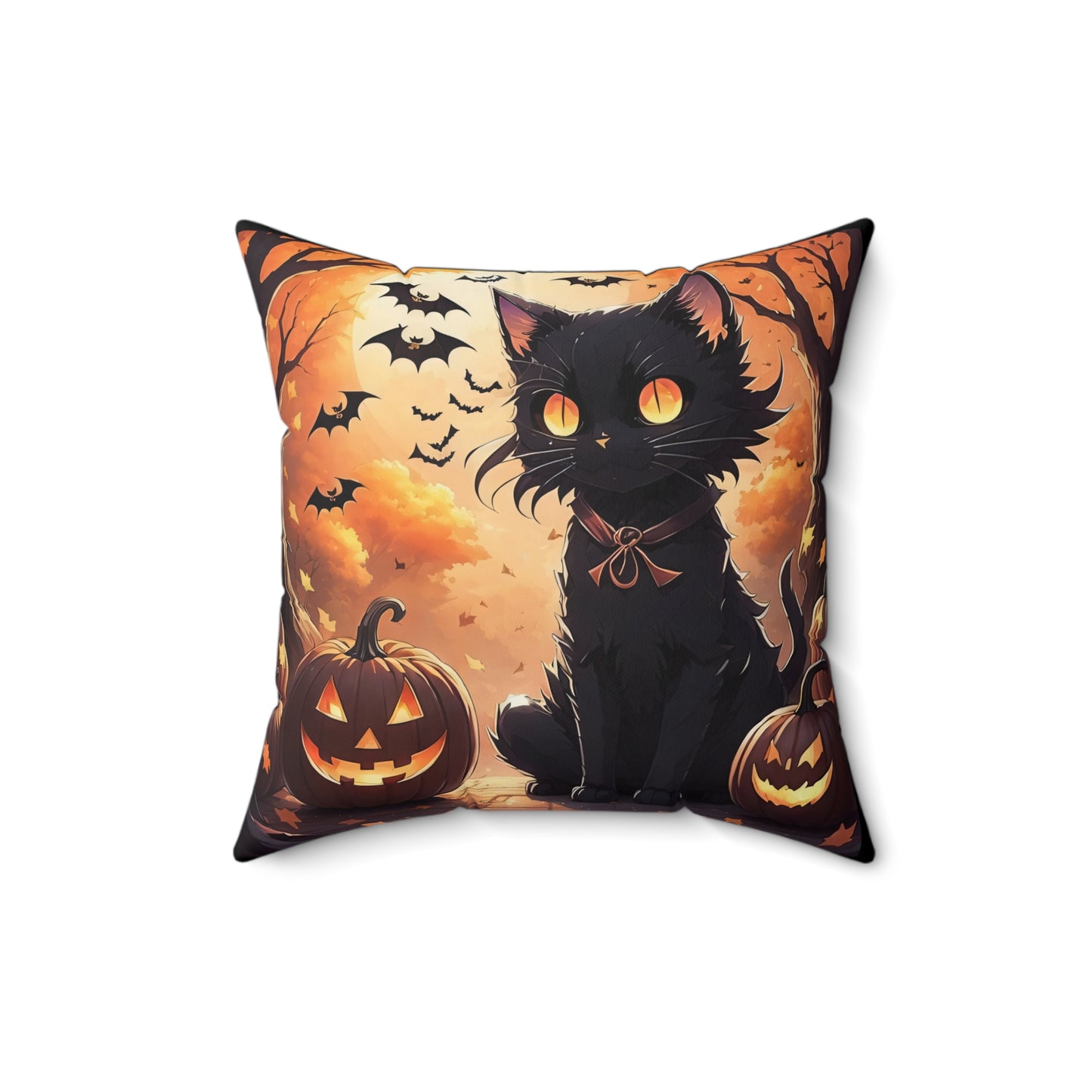 Anime Black Cat,  Halloween, Spun Polyester Square Pillow