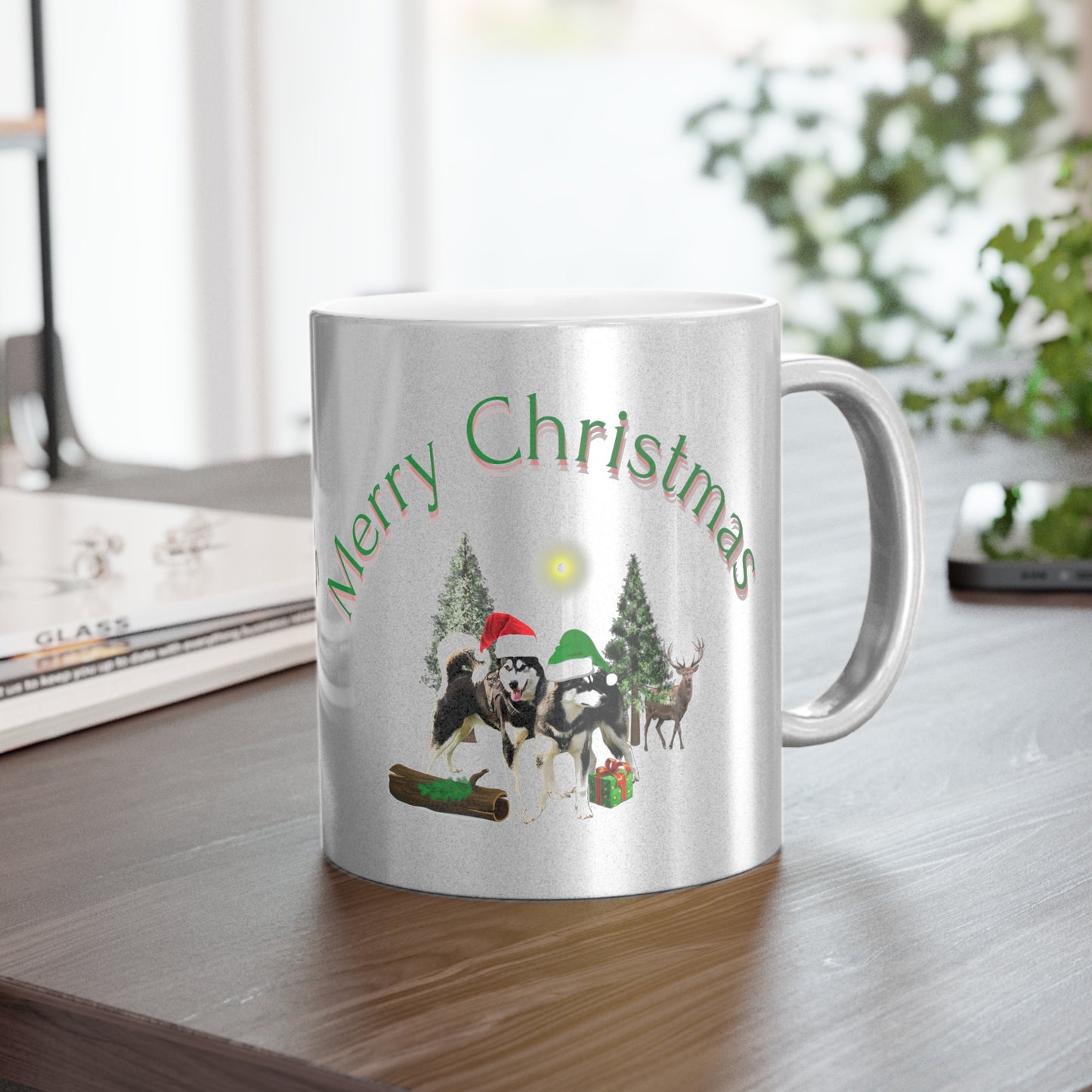 Merry Christmas Malamutes Metallic Mug (Silver\Gold)