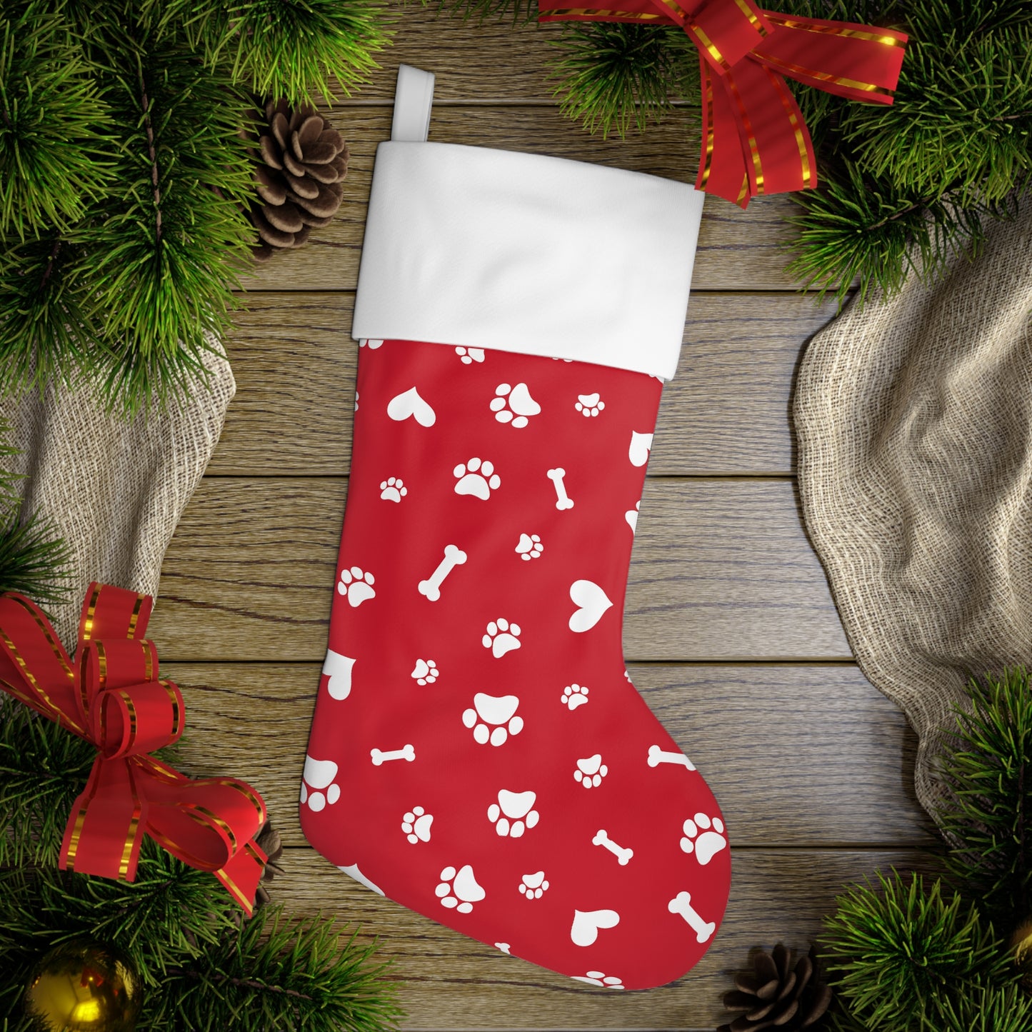 Paw Print Christmas Stocking For Dog/Cat Red