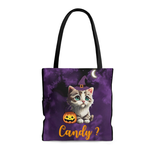 Candy Halloween Tote Bag, Cute Witchy Cat, Candy Tote Bag