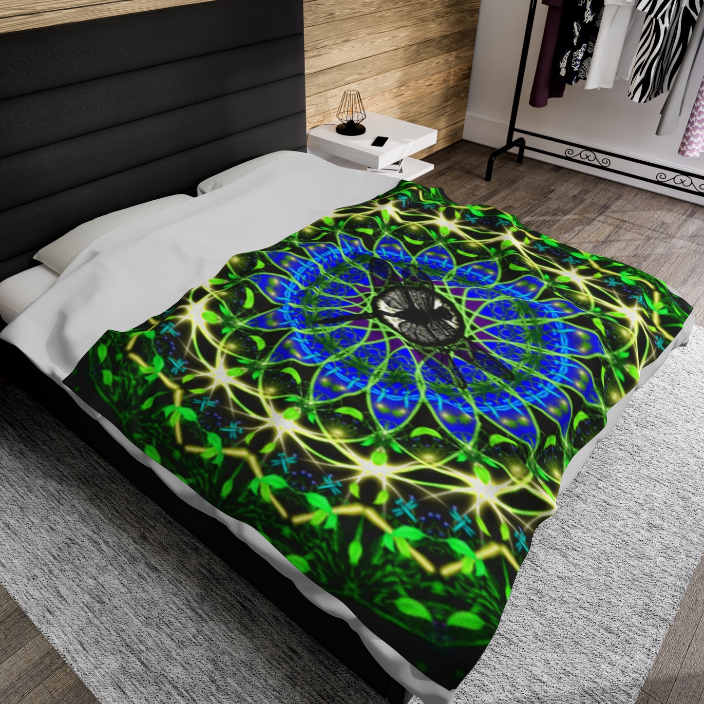 Emerald Dragonfly Mandala Giant Velveteen Plush Blanket