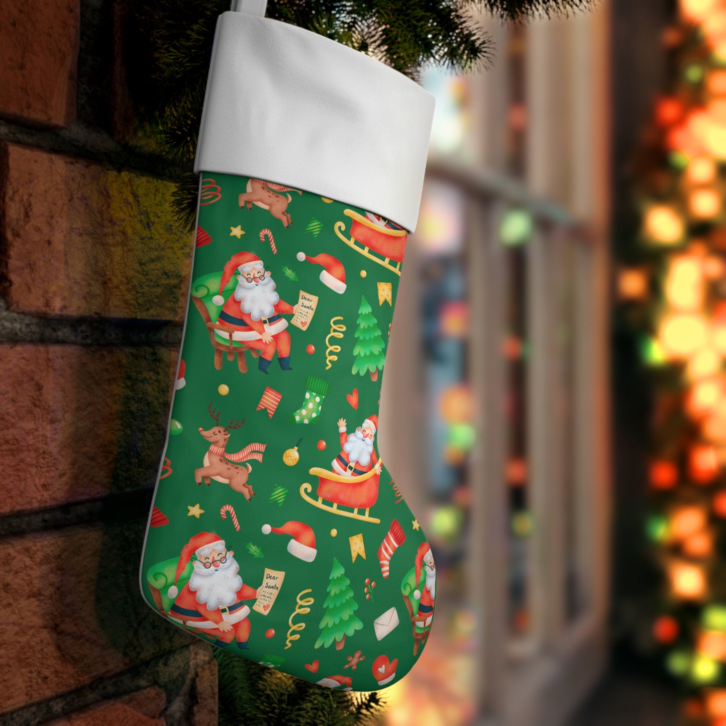 Santa And Reindeer Christmas Stocking Green