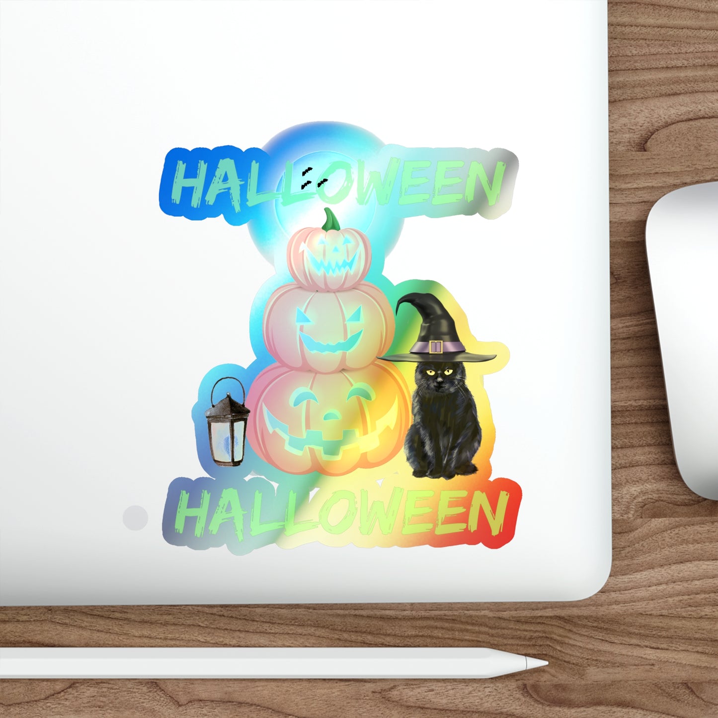 Halloween Rainbow Holographic Die-cut Vinyl Stickers Black Cat And Pumpkins