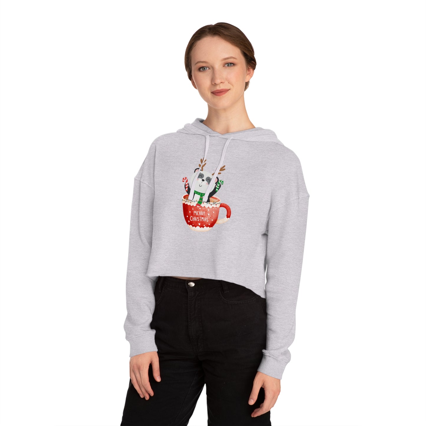 Merry Christmas Panda Women’s Cropped Hooded Sweatshirt